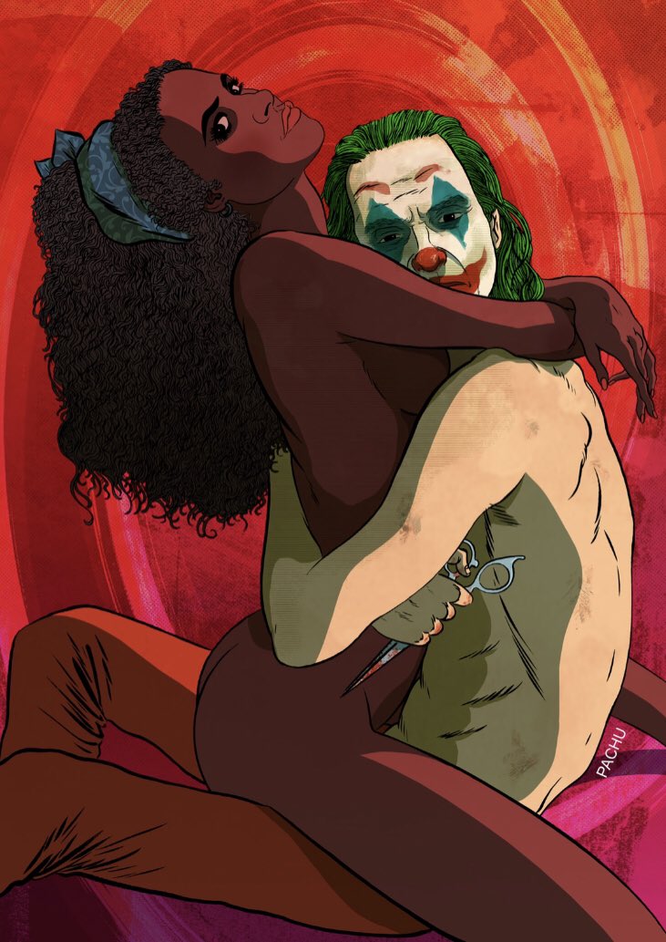 1boy 1girls arthur_fleck ass ass_focus clothed clothed_male clothing clown clown_boy clown_makeup clown_male clown_nose completely_nude completely_nude_female couple dark-skinned_female dark_skin dc dc_comics female female_focus grabbing green_hair joaquin_phoenix joker joker_(film) long_hair long_hair_female long_hair_male male male/female nude nude_female nude_male pachu_m._torres pants red_nose red_pants scissors shoulder_length_hair shoulder_length_hair_male shoulder_long_hair sitting sitting_on_penis sitting_on_person sophie_dumond the_joker zazie_beetz