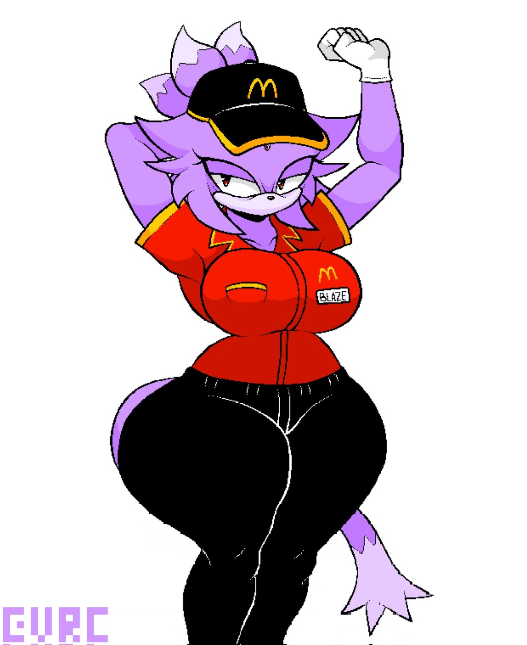 1girls, 5 fingers, anthro, arm behind head, big breasts, blaze the cat, blaze the cat (om), bored expression, breasts, cap, clothed, clothing, countershade face, countershading, dipstick hair, evrc, eyelashes, fast food, fast food uniform, female, female only, furry, gem, gem on forehead, gloves, half-closed eyes, hat, head tuft, hips, hourglass figure, mcdonald's, mobian (species), name tag, outcome memories, petite, purple body, purple fur, red eyes, roblox, roblox game, sega, slim thick, solo, sonic (series), sonic the hedgehog (series), stretching, tail, thick thighs, white body, white fur, work uniform