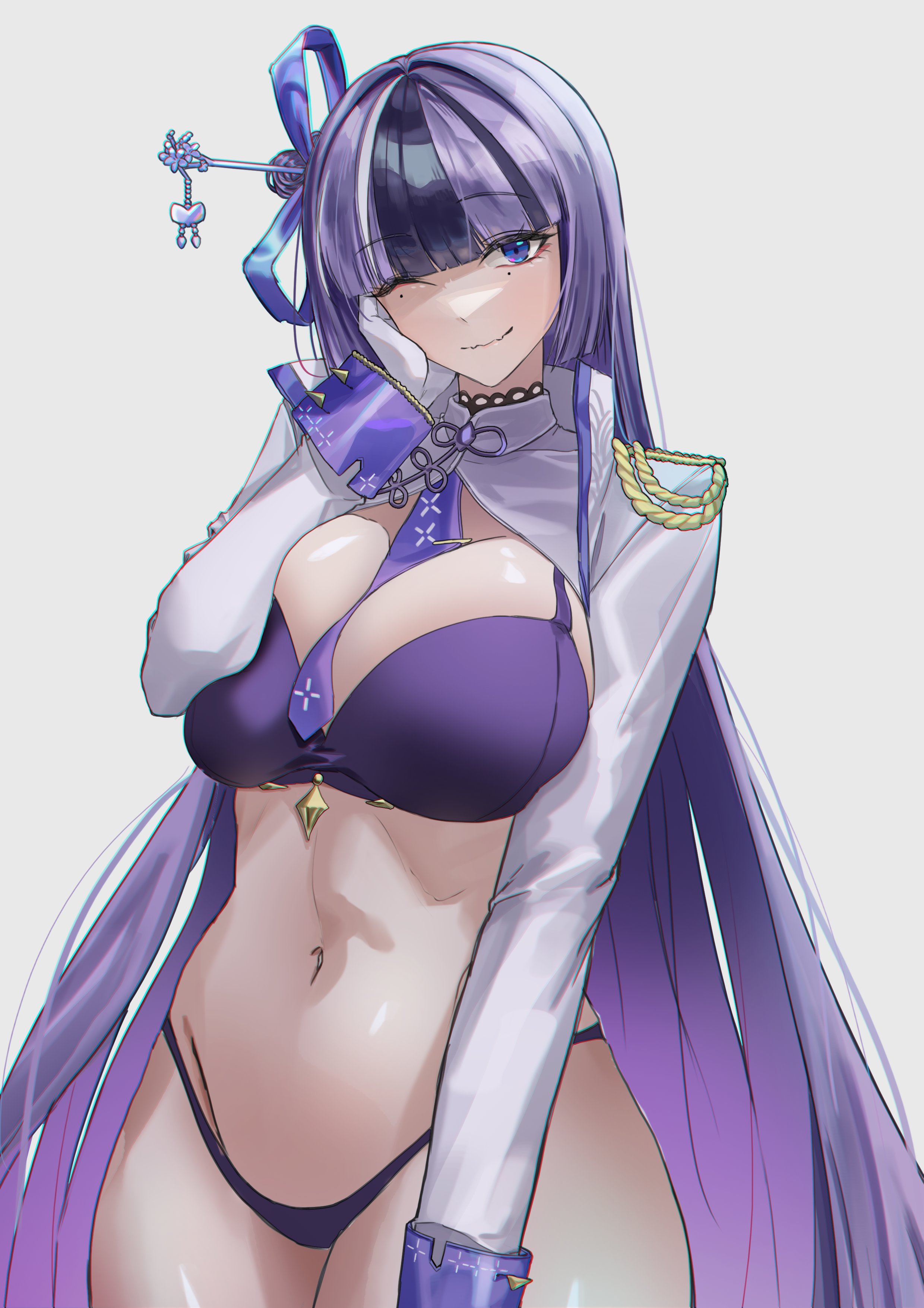 big breasts, breasts, disgustingtokki, female, goddess of victory: nikke, jien, jien (nikke), midriff, purple hair, tie
