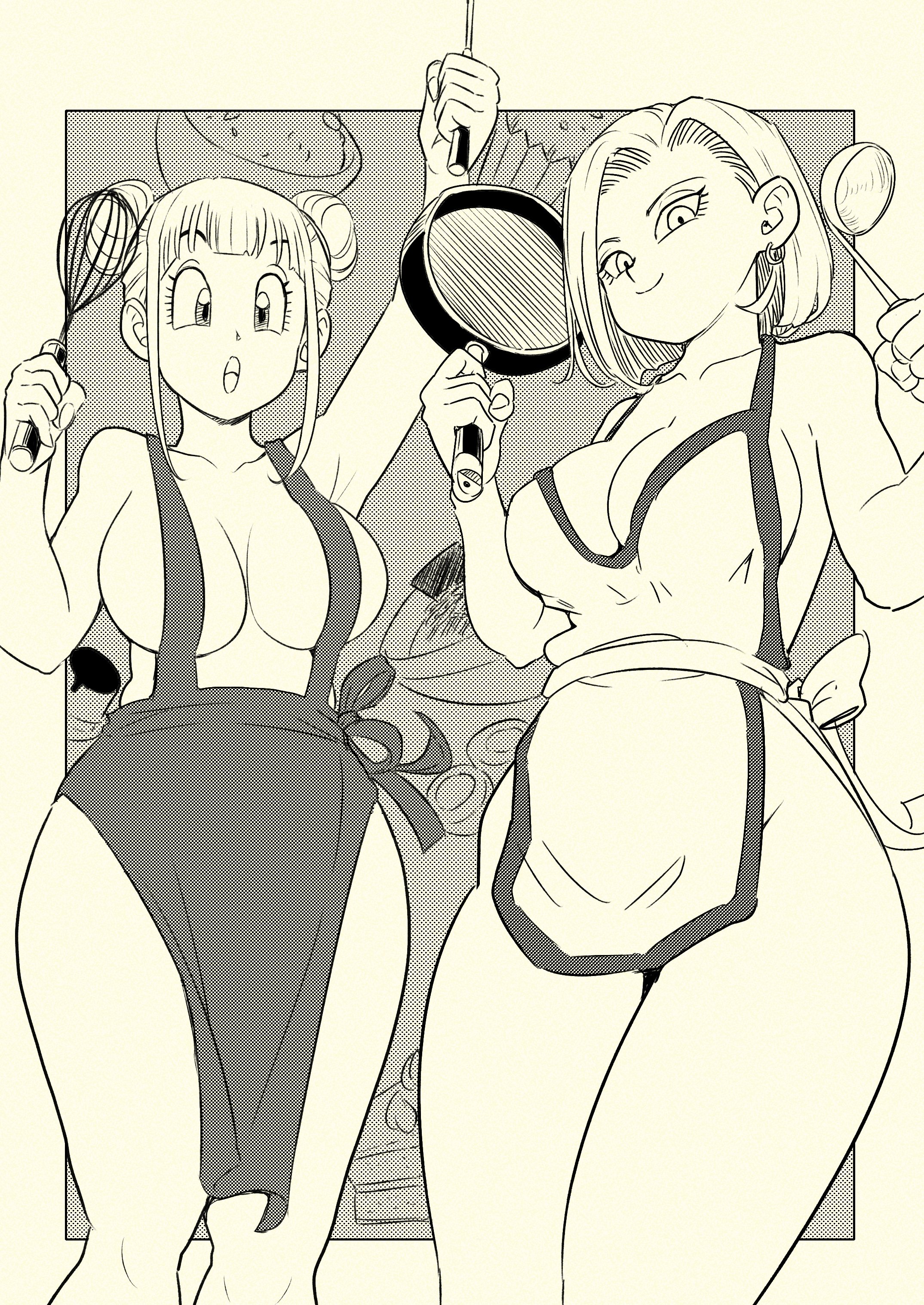 android 18, apron only, bulma briefs, dragon ball, dragon ball z, female, pink mousse
