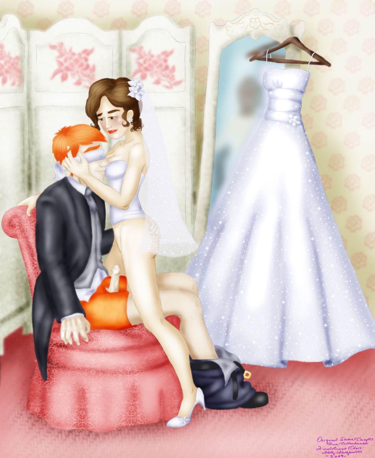 1boy 1girls blindfold bride erection female groom harry_potter hermione_granger hollyboo2001 male ron_weasley wedding wedding_dress