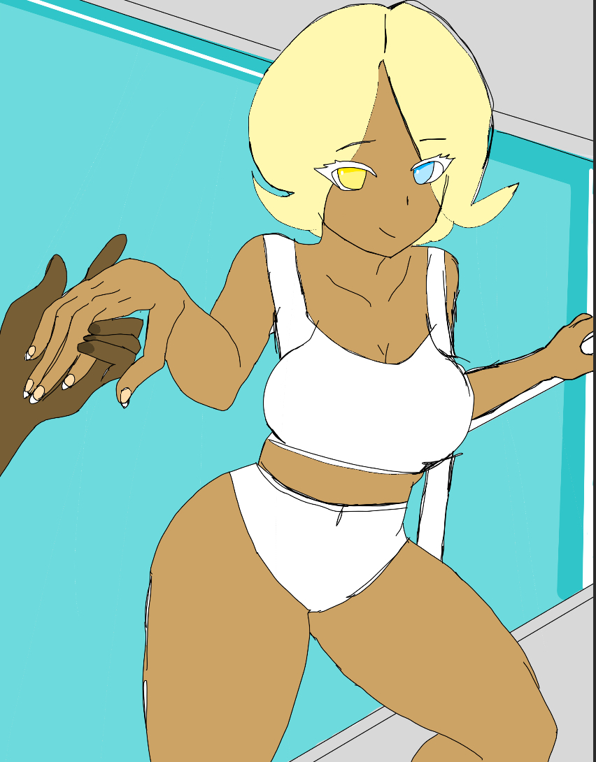 big_ass blonde_hair blue_eye crk dark_cacao_cookie dark_skin genderswap_(mtf) holding_hands leaving_pool medium_breasts pure_vanilla_cookie rule_63 tan_skin thick_thighs white_eyelashes white_swimsuit yellow_eye