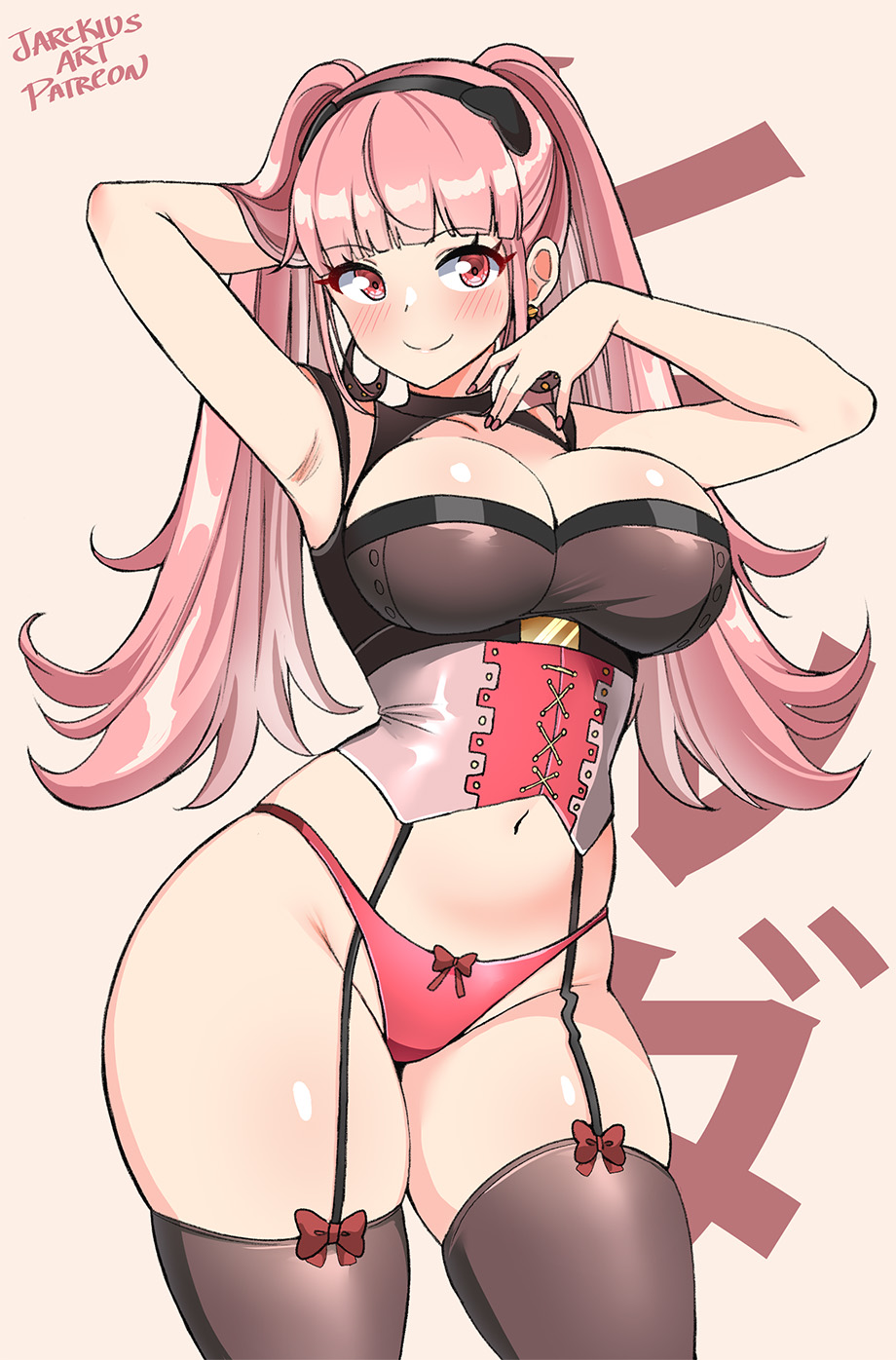 1girls armpits arms_up artist_name black_hairband blunt_bangs blush breasts cleavage closed_mouth clothing_cutout collarbone eyebrows_hidden_by_hair fire_emblem fire_emblem:_three_houses hairband highleg highleg_panties highres hilda_valentine_goneril jarckius large_breasts lingerie long_hair looking_at_viewer navel panties pink_eyes pink_hair pink_nails red_panties shiny_skin skindentation sleeveless smile solo standing thighhighs thighs twintails underwear very_long_hair