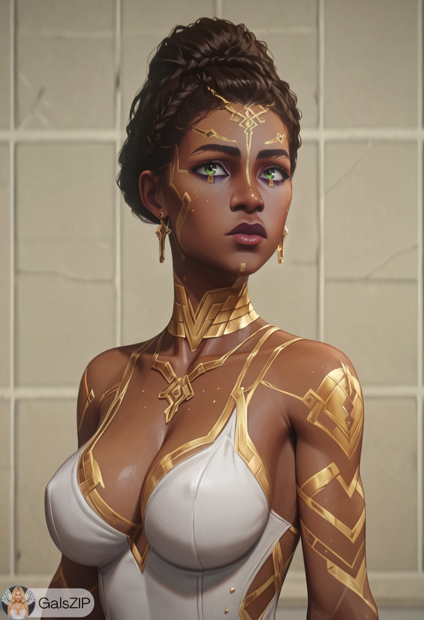 ai_generated arcane arcane:_league_of_legends big_breasts black_body cleavage earrings galszip gold_(metal) gold_jewelry gold_tattoo green_eyes hd league_of_legends makeup mel_medarda short_hair white_clo white_clothing