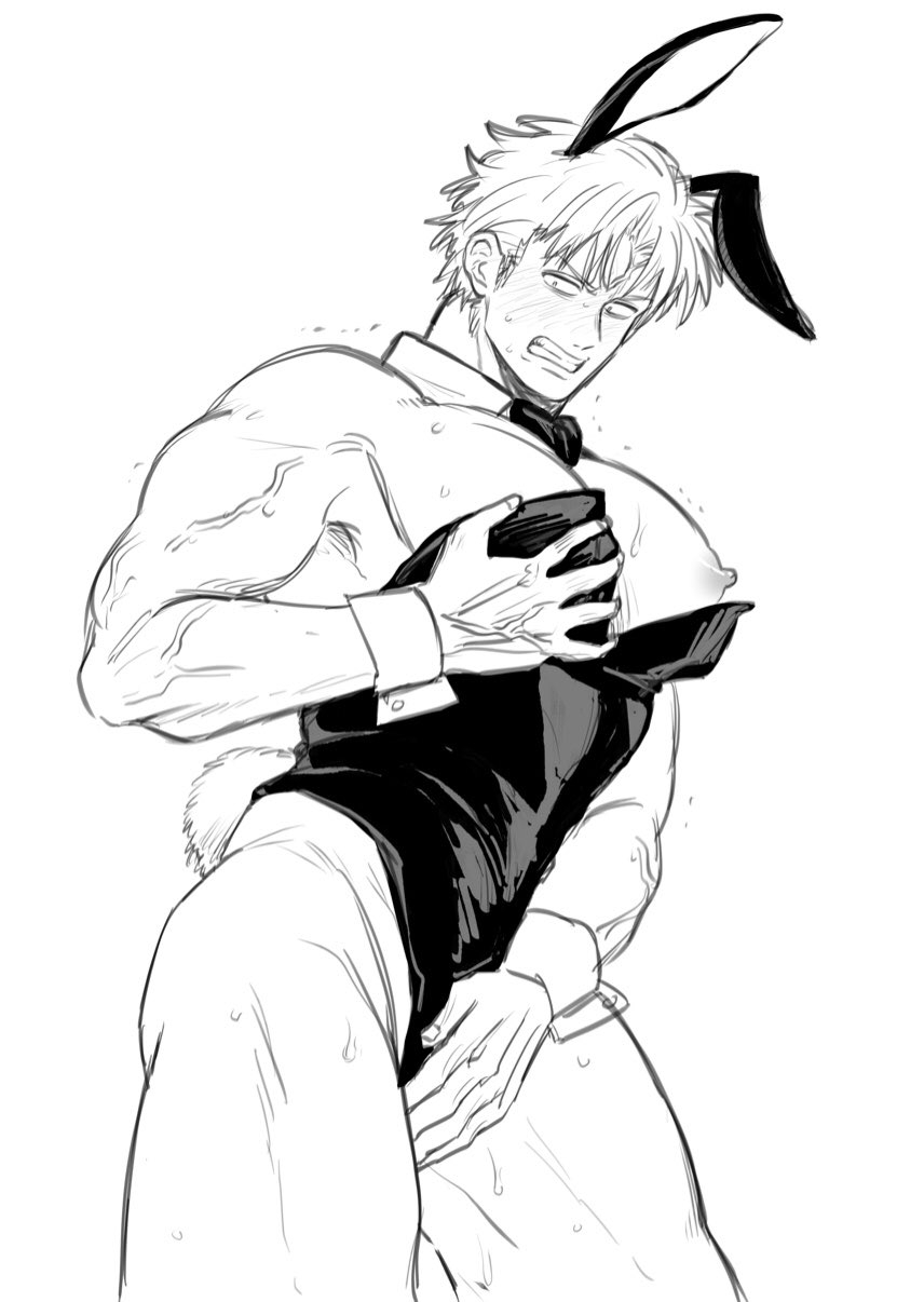 abuto aged_down alternate_costume bara big_pecs blush bowtie bunny_boy bunny_ears bunny_tail bunnysuit clenched_teeth covering_crotch covering_self crossdressing dcriccodddd detached_collar embarrassed erect_nipples gintama male male_only male_playboy_bunny manly_crossdresser monochrome muscular muscular_male muscular_thighs nipple_slip pecs pectoral_cleavage solo sweat veiny_muscles