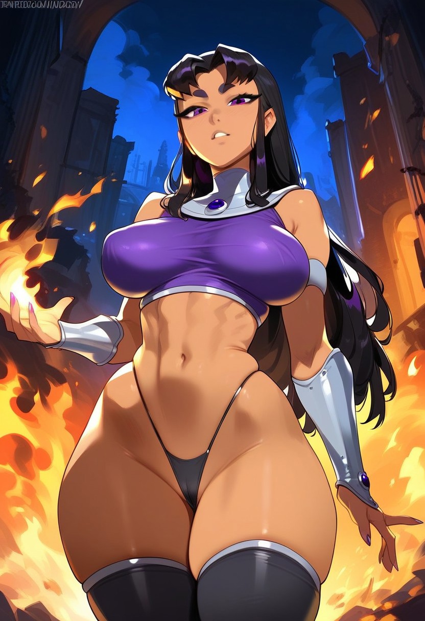 2d ai_generated big_breasts blackfire dc dc_comics female female_focus female_only fire long_hair magic panties solo solo_female solo_focus tagme teen_titans thick_eyebrows