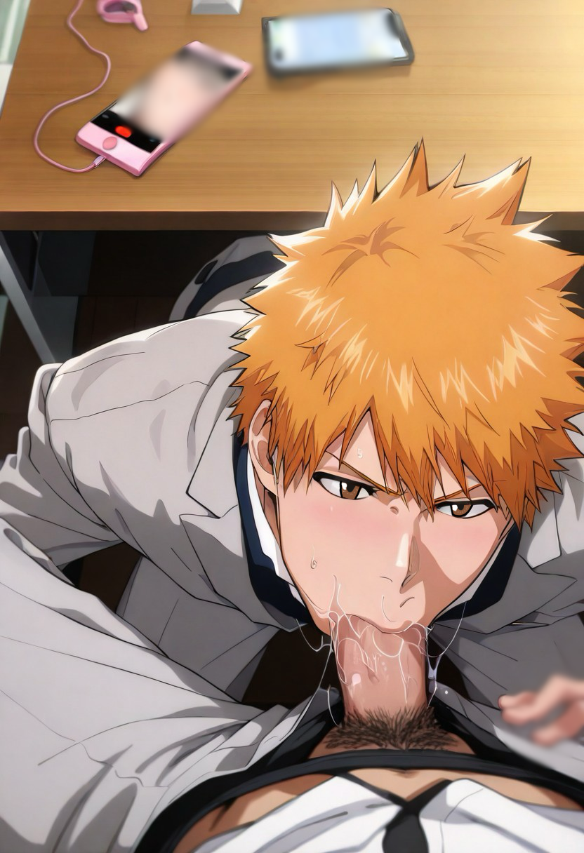 2boys ai_generated bleach bleach:_the_thousand-year_blood_war blowjob classroom gay ichigo_kurosaki kneeling kurosaki_ichigo public saliva saliva_trail school_uniform under_the_table