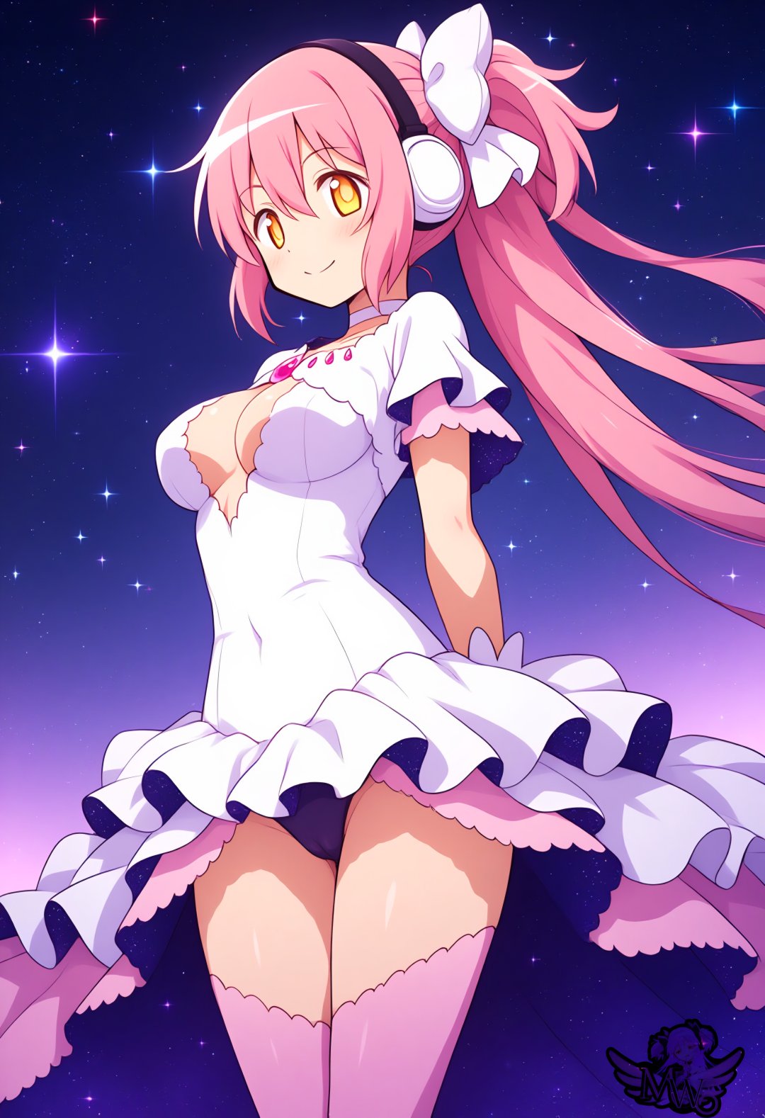 ai_generated artist_logo boob_window cleavage front_view goddess hair_ribbon headgear headphones hi_res long_hair madoka_kaname madoka_worship magical_girl mahou_shoujo_madoka_magica medium_breasts panties pantyshot pink_hair ponytail puella_magi_madoka_magica smile space thick_thighs thighhighs twintails ultimate_madoka upskirt very_long_hair white_ribbon wide_hips yellow_eyes