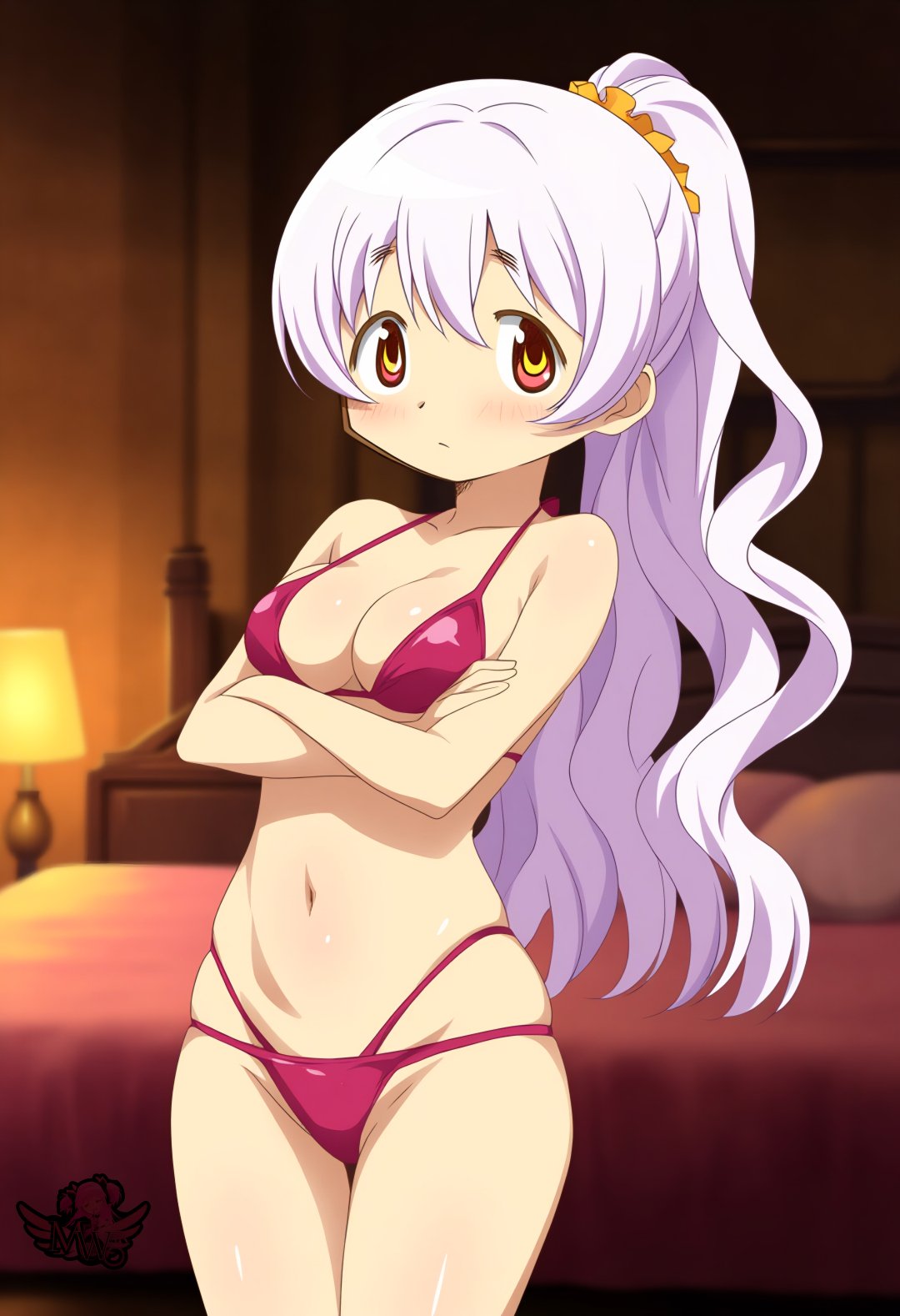 ai_generated artist_logo bed bedroom bikini crossed_arms female hi_res madoka_worship magical_girl mahou_shoujo_madoka_magica medium_breasts momoe_nagisa orange_eyes petite petite_body petite_female ponytail puella_magi_madoka_magica white_hair wide_hips yellow_pupils