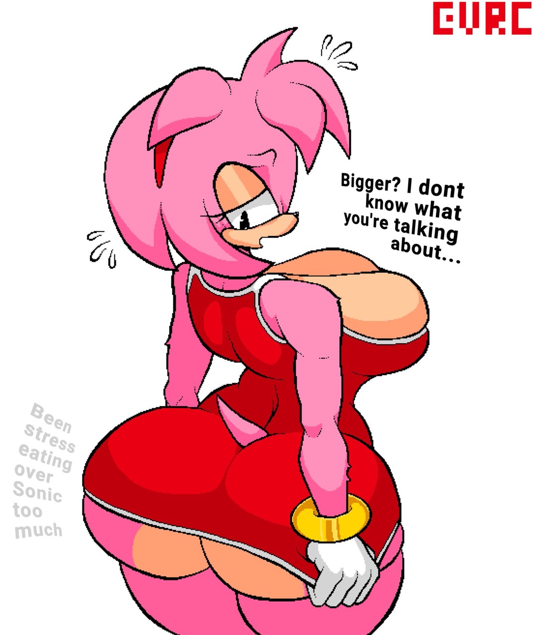 1girls, 5 fingers, amy rose, anthro, ass, big ass, big breasts, breasts, bubble butt, cleavage, clothed, clothing, countershade butt, countershading, cream fur, curvy, embarrassed, eulipotyphlan, evrc, eyelashes, fair skin, fair-skinned female, female, female only, furry, gloves, half-closed eyes, hedgehog, hedgehog girl, hips, hourglass figure, implied weight gain, looking at ass, looking back, outline, pink body, pink fur, pulling down skirt, sega, skirt, slim thick, solo, sonic (series), sonic the hedgehog (series), sweatdrop, tagme, text, two-tone body, upskirt