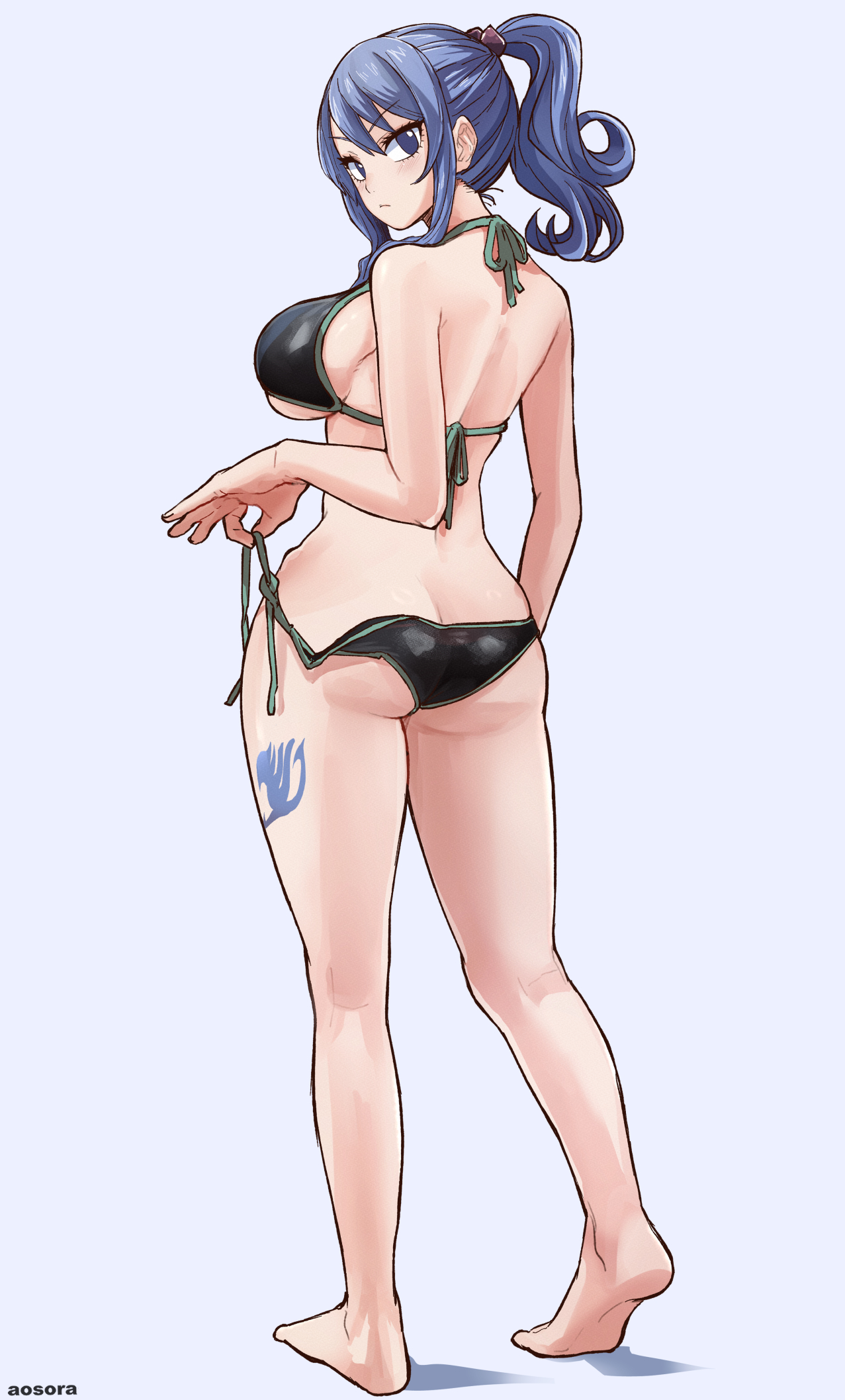 1girls, aosora, ass, bikini, blue hair, blue tattoo, blue-haired female, breasts, fairy tail, fairy tail mark, female, juvia lockser, large ass, large breasts, leg tattoo, swimsuit, taking off panties, tattoo