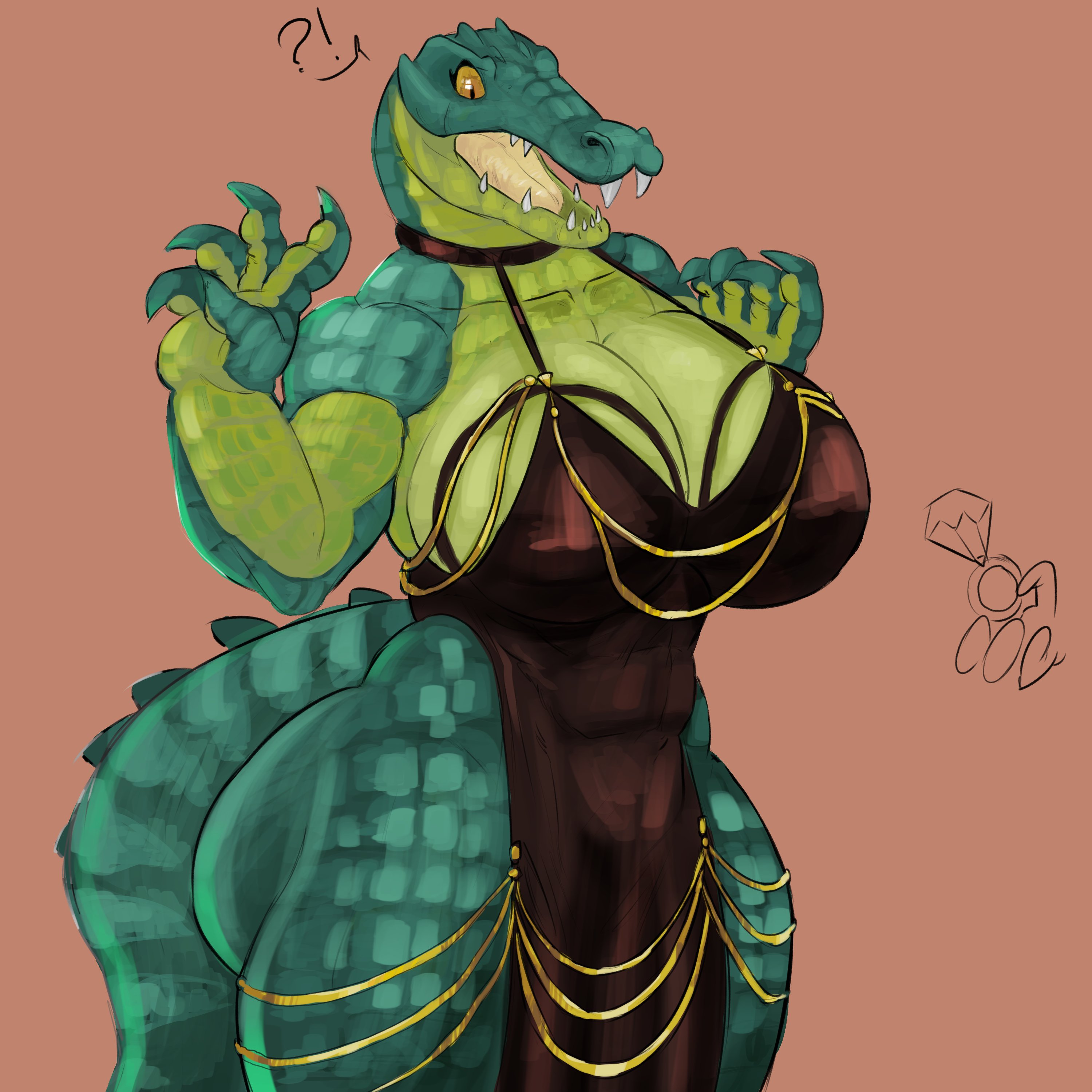 ?!, 1boy, 1girls, alternate version available, anthro, ass, big ass, big breasts, big butt, breasts, bubble ass, bubble butt, clothing, crocodile, crocodilian, curvaceous, curvy, curvy figure, disembodied hand, female, huge ass, huge breasts, iljajop, male, marriage proposal, mostly clothed, open mouth, ring, scalie, sharp teeth, solo focus, surprised, surprised expression, tagme, tail, thick thighs, voluptuous, voluptuous female, wedding ring, wide hips, yellow sclera
