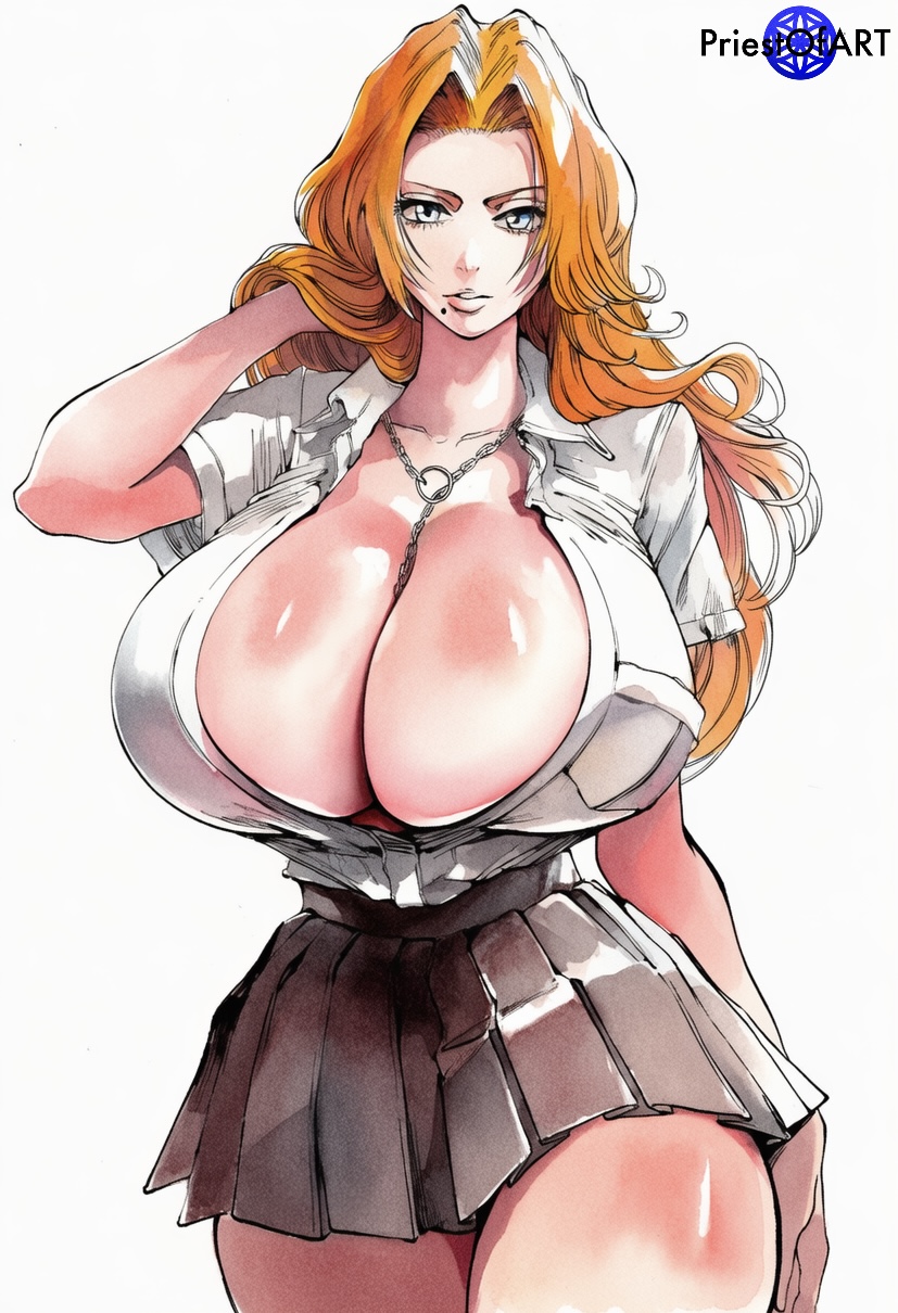 1girls, ai generated, big breasts, bleach, body blush, breasts, busty, cleavage, color, female, female only, huge breasts, light-skinned female, matsumoto rangiku, mole, orange hair, priestofart, school uniform, schoolgirl, shirt, simple background, skirt, solo, solo female, straight, tagme, tagme (artist), tagme (character), thick thighs, watercolour (artwork), watermark, white background, wide hips