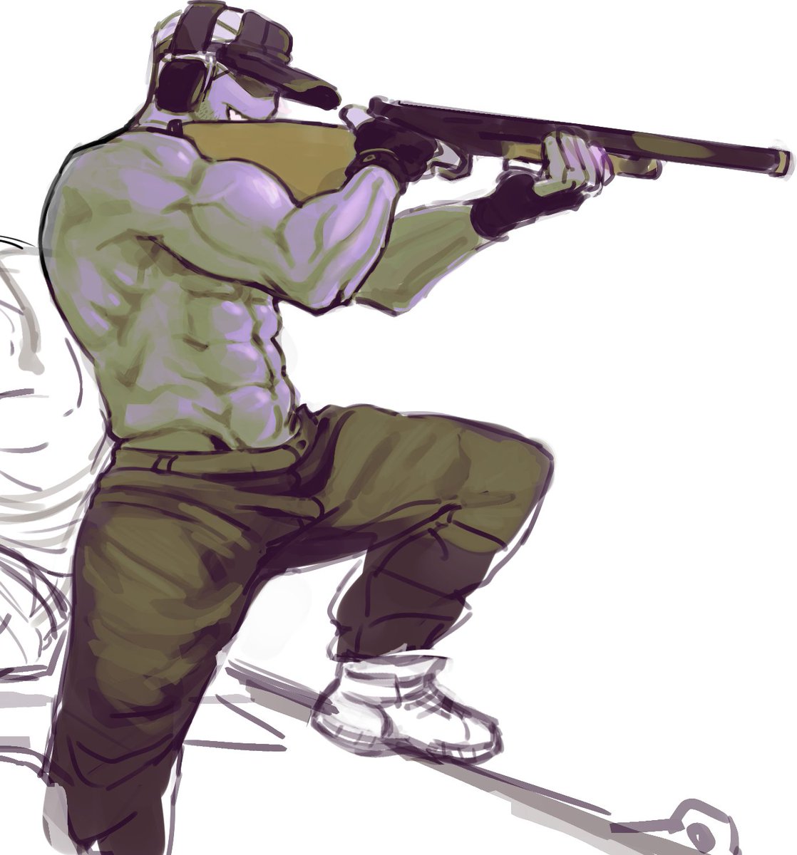 1boy, abs, aiming gun, bara, deimos, leixo mc, male, male only, muscular, muscular male, shirtless male, yaoi