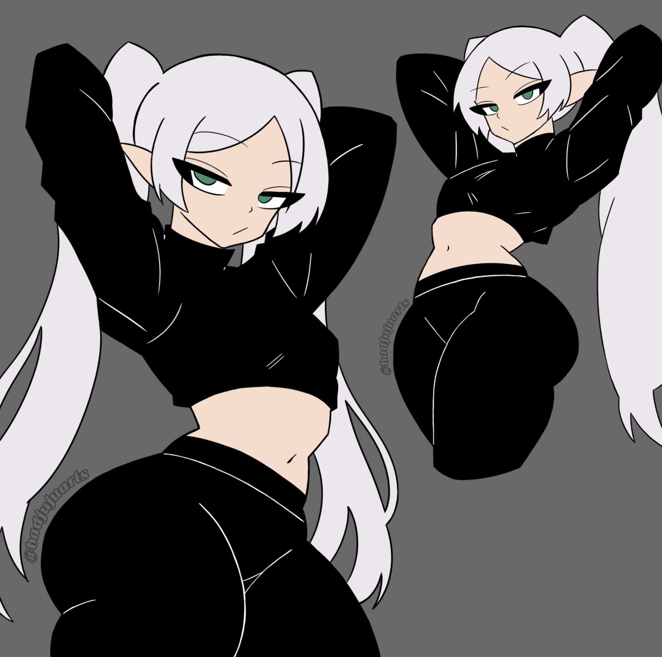 1girls, arms behind head, ass, ass focus, badjujuarts, big ass, breasts, clothed, crop top, elf, elf ears, female, female focus, female only, frieren, frieren beyond journey's end, green eyes, huge ass, pants, sliver hair, small breasts, solo, solo female, solo focus, sousou no frieren, thick, thick ass, thick thighs, twintails
