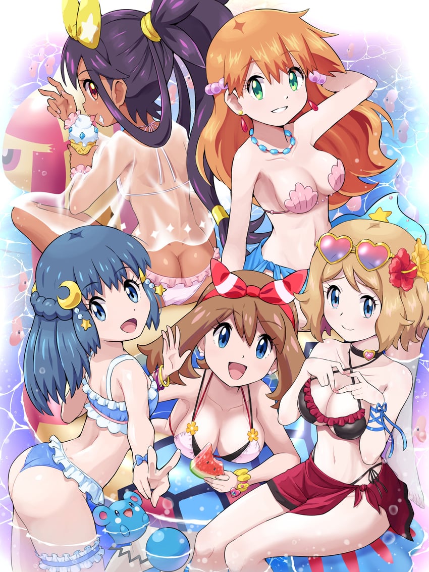 big_ass big_breasts bikini blonde_hair blue_eyes blue_hair brown_hair cute dark-skinned_female dawn_(pokemon) female female_focus female_only flower flower_in_hair game_freak green_eyes happy ice_cream iris_(pokemon) kasumi_(pokemon) light-skinned_female long_hair looking_at_viewer may_(pokemon) milotic multiple_girls necklace nintendo peace_sign pokemon pokemon_anime ponytail seashell_bra serena_(pokemon) short_hair sunglasses sunglasses_on_head swimsuit water watermelon