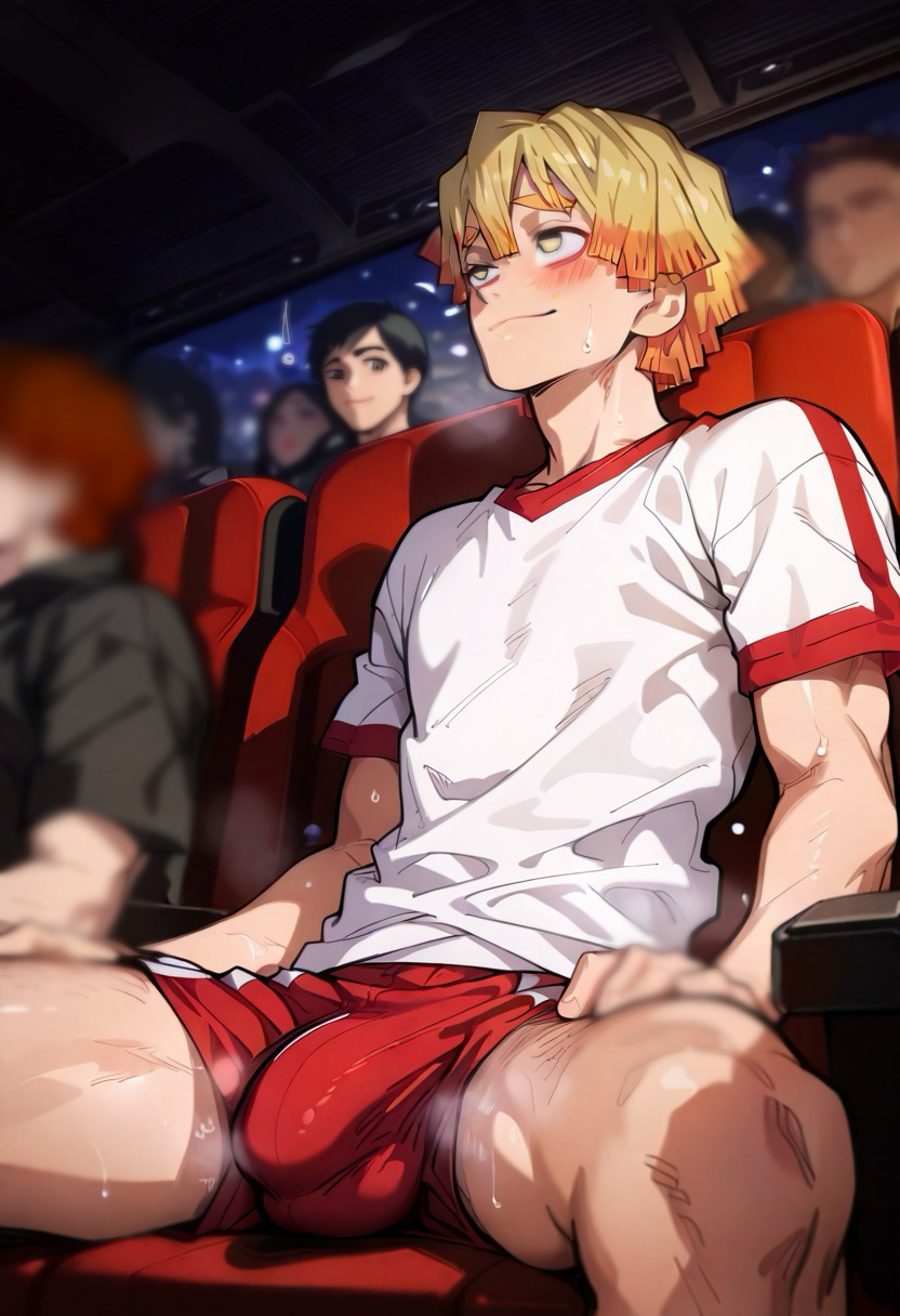 1boy ai_generated being_watched bulge caught crowd demon_slayer gay gym_shorts movie_theater musk public public_indecency sweating theater zenitsu_agatsuma