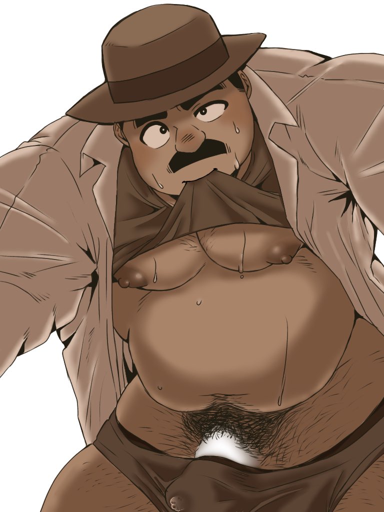 1boy adult adult_male brown_nipples brown_underwear bubbling_cum censored censored_penis chubby chubby_male cum_through_underwear detective_conan erection_under_clothes fat fat_man ginnan_0510 hat lifting_shirt looking_at_viewer male male_focus male_only man_boobs married_man megure_juuzou moustache no_background no_pants old_man older_male pantless partially_clothed penis policeman pubic_hair puffy_nipples sagging_belly semi-erect shirt_in_mouth shounen_sunday solo_male sweating thick_mustache thick_thighs tms_entertainment trenchcoat viewed_from_below white_background