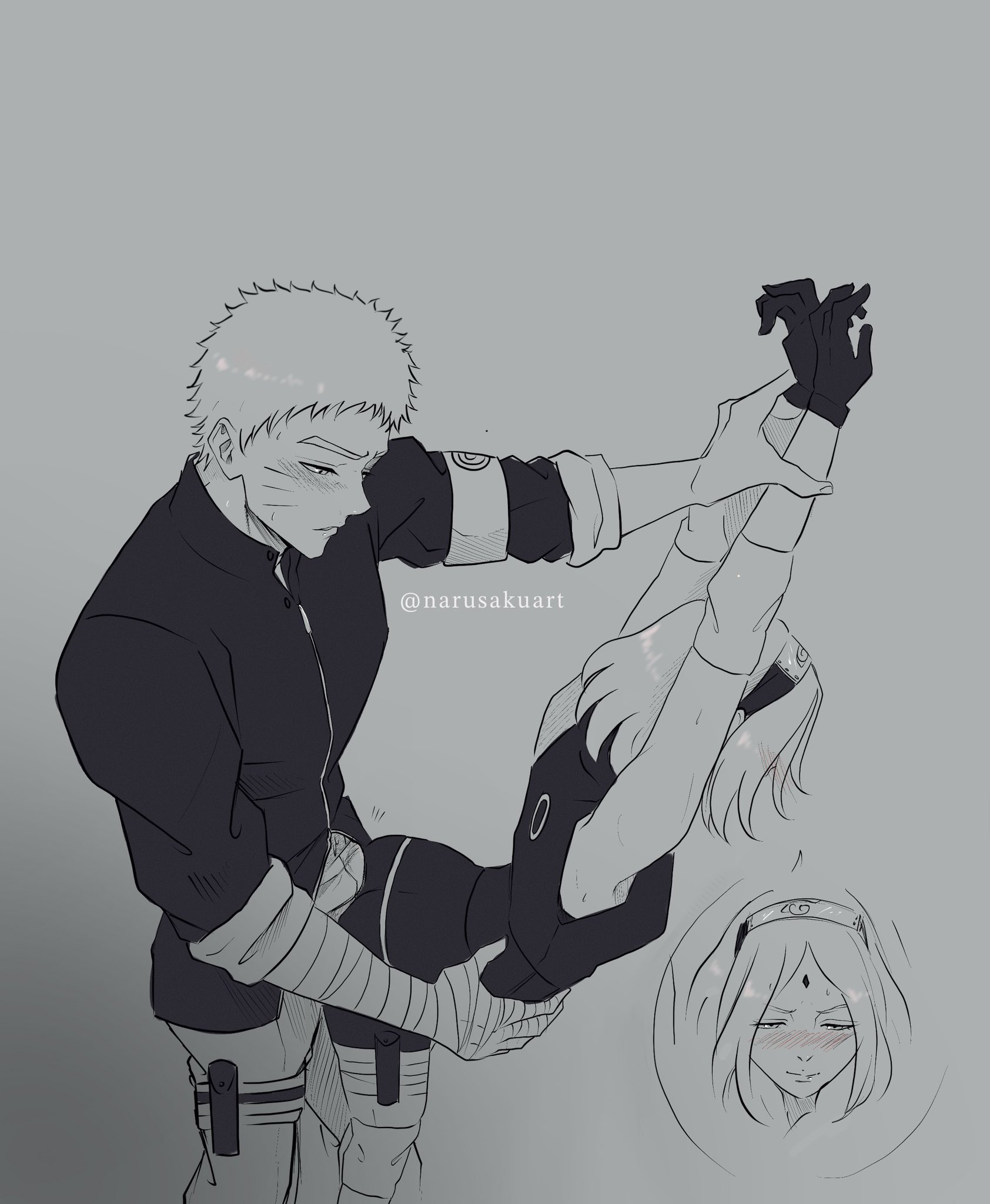 1boy, 1girls, arched back, armband, arms up, ass, bandaged arm, big ass, bike shorts, blush, breasts, bulge, bulge through clothing, clothing, elbow pads, embarrassed, facial markings, female, forehead mark, hi res, horny, horny female, humping, jacket, knee pads, long hair, male, medium breasts, monochrome, narusakuart, naruto, naruto (series), naruto: the last, pants, sakura haruno, sexually suggestive, short hair, stretching, suggestive, uzumaki naruto, watermark, whisker markings, whiskers