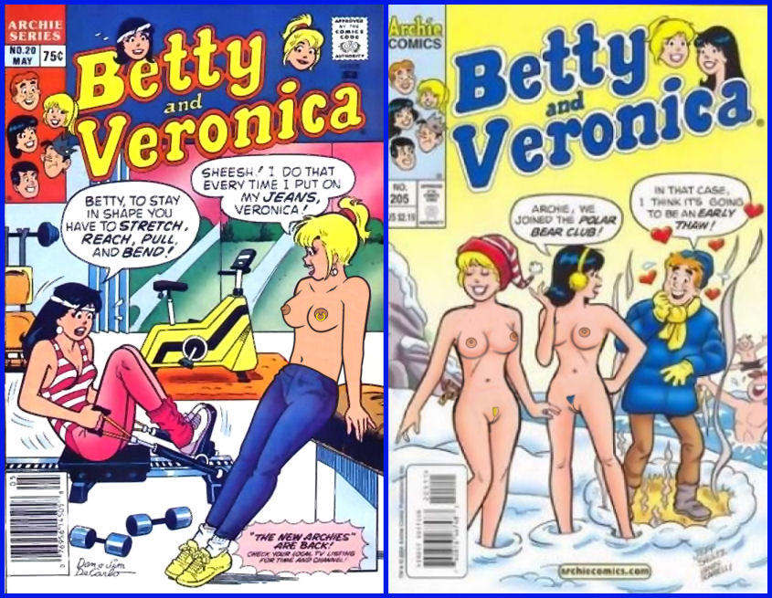 2girls archie_andrews archie_comics betty_and_veronica betty_cooper black_hair blonde_hair breasts multiple_girls nipple_ring nude pussy sak topless veronica_lodge