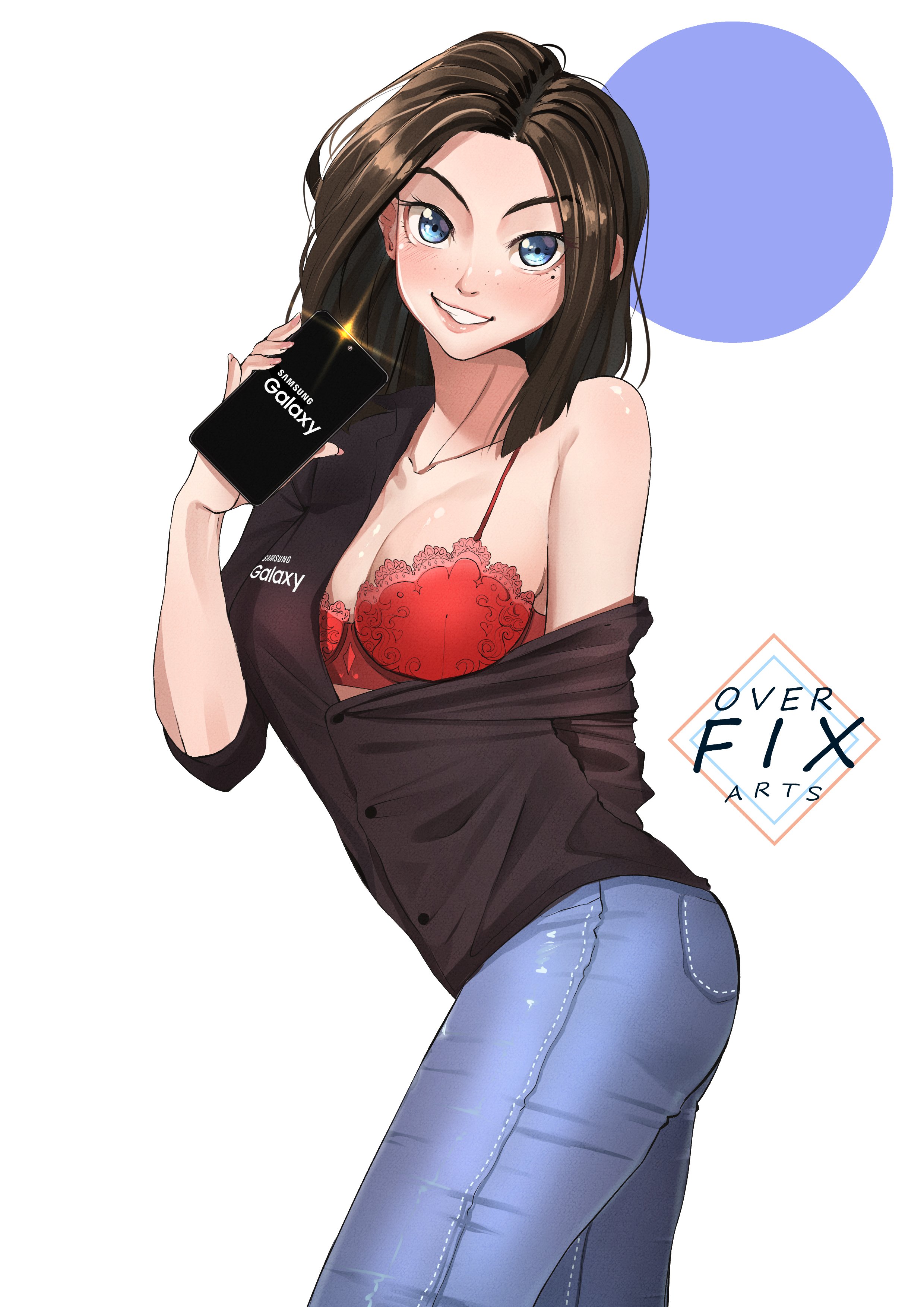 blue eyes, blue jeans, brown hair, female, mascot, overfix arts, red bra, samsung, samsung sam, solo