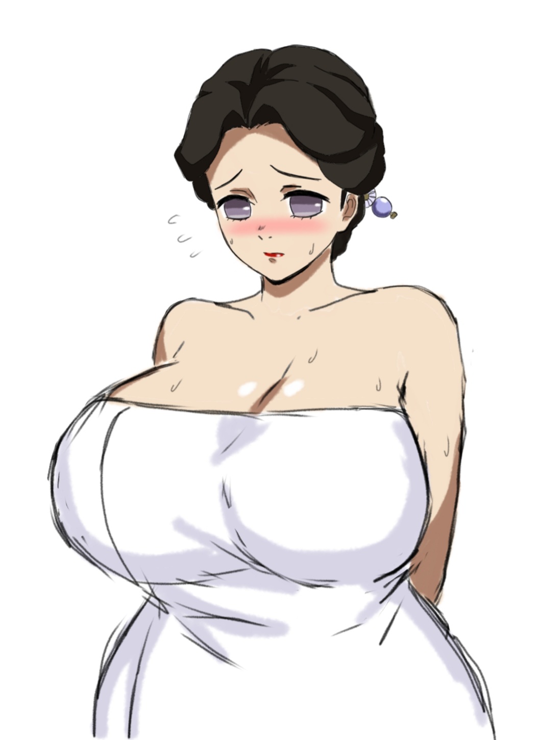 arms behind back, big breasts, black hair, blush, breasts, demon slayer, embarrassed, female, female only, hair ornament, huge breasts, kimetsu no yaiba, mature female, milf, momiji (artist), purple eyes, red lipstick, shy, solo, sweat, tamayo (kimetsu no yaiba), tied hair, towel