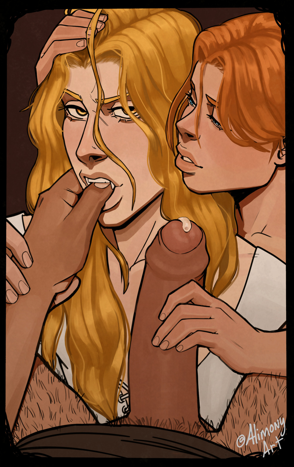 alimony alucard_(castlevania) assisted_fellatio bisexual bisexual_male bishonen blonde_hair blowjob castlevania castlevania_(netflix) close-up collaborative_fellatio cum dhampir erection fangs finger_in_mouth foreskin frame gay handjob imminent_oral long_hair long_hair_male male_pov mmf mmf_threesome oral ot3 penis polyamory pov sex sypha_belnades threesome throuple thumb_in_mouth trevor_belmont vampire yaoi