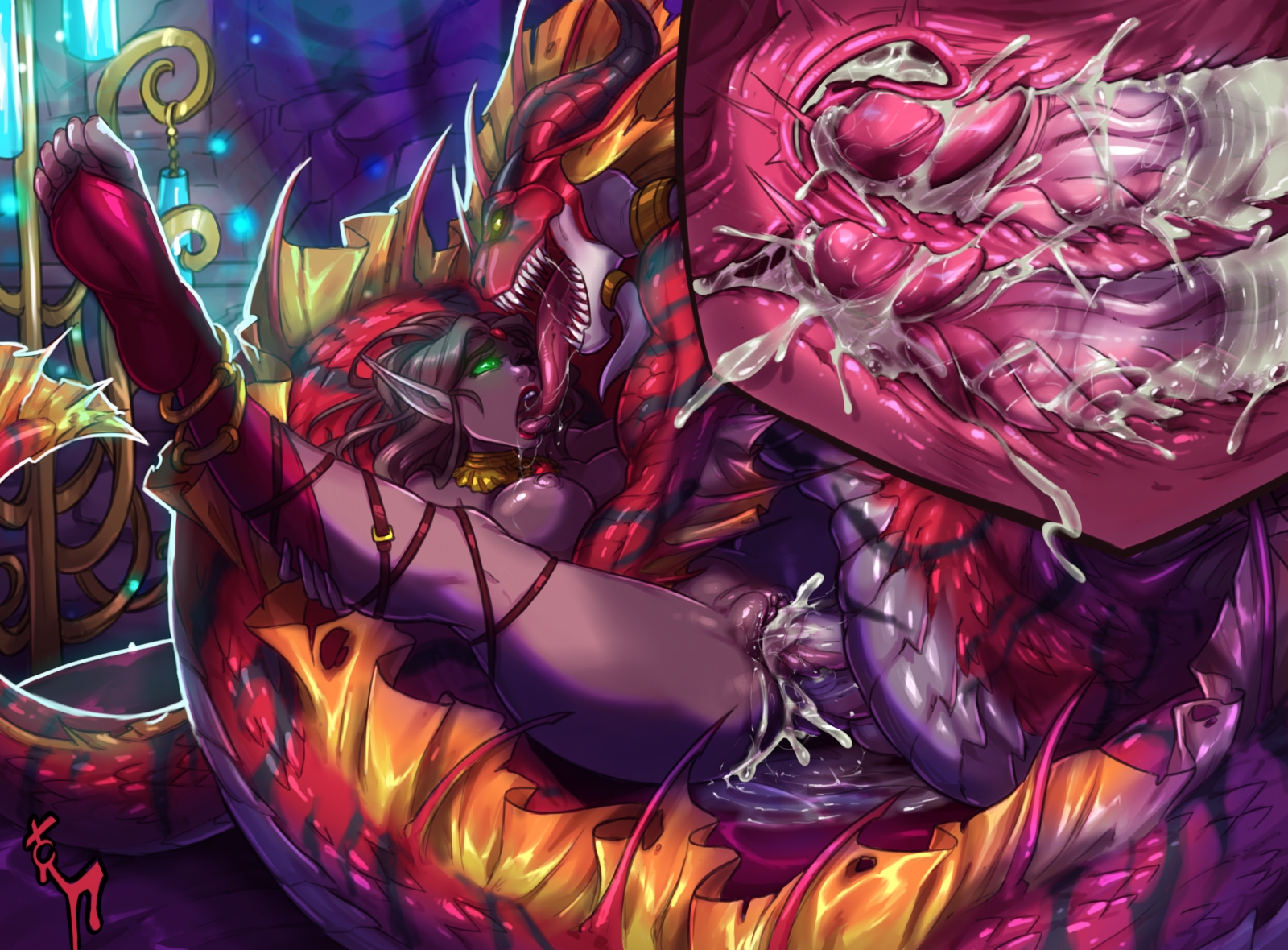 1boy, 1girls, anal, anal sex, areolae, ass, blizzard entertainment, blood elf, breasts, cross section, cum, cum in ass, cum in pussy, cum in uterus, cum inside, dark skin, dark-skinned female, detailed background, diphallia, diphallism, double penetration, elf ears, evelynn cinderflame (solinii), extreme french kiss, eye contact, female, fin, fins, fish tail, glowing eyes, green eyes, hi res, horns, internal, internal cumshot, internal view, interspecies, long ears, long tongue, male, marine, missionary position, multi genitalia, multi penis, naga, naga (warcraft), nipples, open mouth, penetration, penis, pointy ears, pussy, red scales, scales, scalie, sex, sharp teeth, spread legs, tongue kiss, turtlechan, uterus, vaginal penetration, warcraft, world of warcraft, yellow eyes