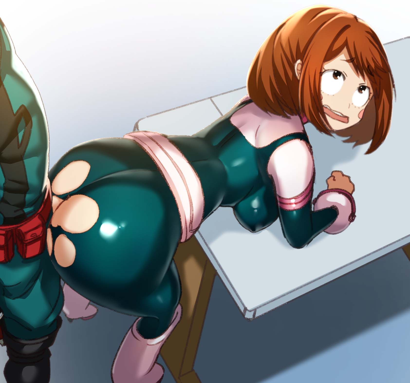 1boy 1girls ambiguous_penetration ass big_ass big_breasts bodysuit boots breasts brown_eyes brown_hair clothed_sex fat_ass female hero_outfit_(mha) huge_ass izuku_midoriya large_ass male male/female midoriya_izuku my_hero_academia ochako_uraraka ripped_clothing shibayamamohu shiny_clothes short_hair straight straight_hair table thick_ass thick_thighs uraraka_ochako voluptuous wide_hips