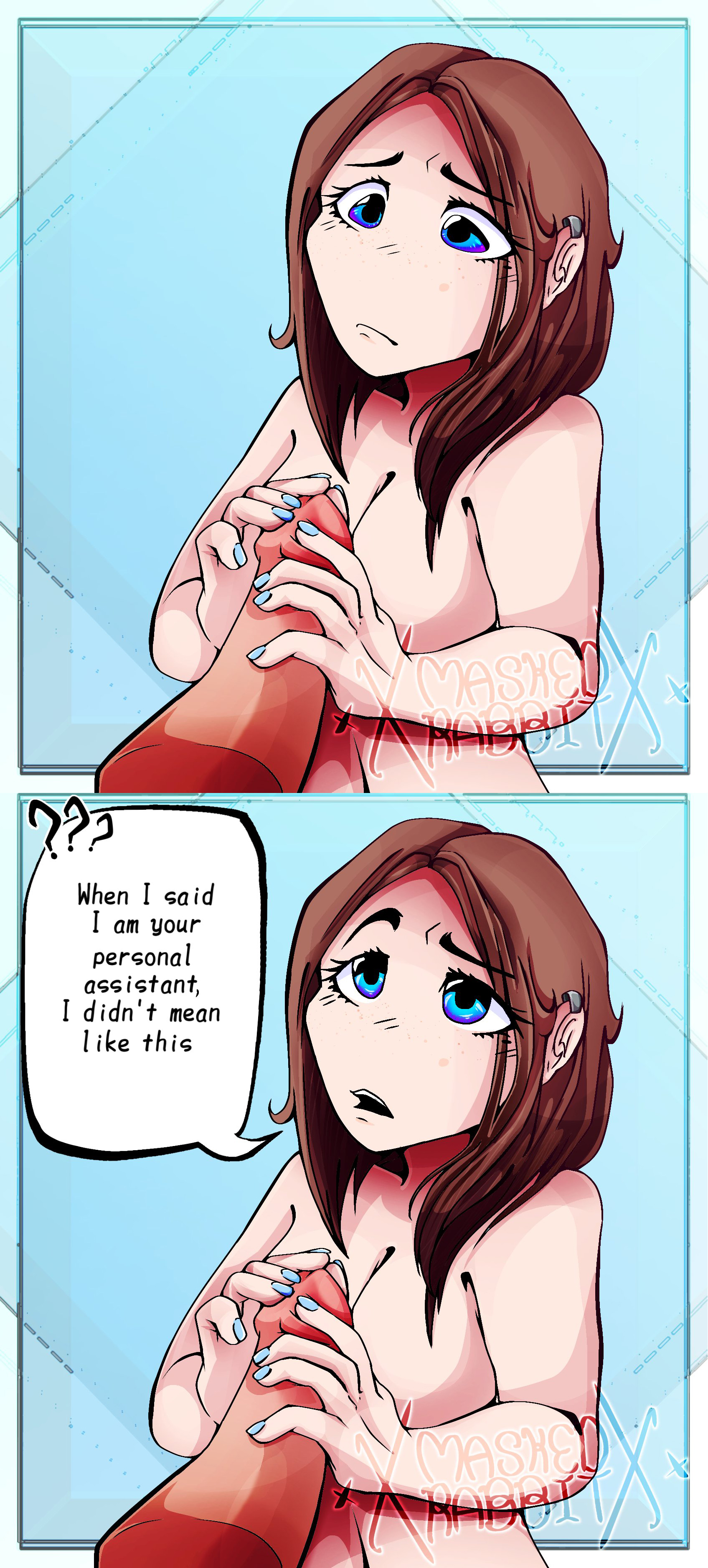 blue eyes, bob cut, brown hair, ear piercing, female, female focus, freckles, handjob, imminent oral, masterdrabbit, medium hair, oral, pale skin, samsung, samsung sam, tagme