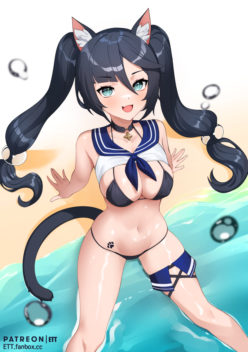 :d, animal ear fluff, animal ears, arm support, bare arms, bare shoulders, beach, bikini, black bikini, black choker, black hair, blue eyes, breasts, cat ears, cat girl, cat tail, choker, cleavage, crop top, ett, female, genshin impact, halter top, halterneck, large breasts, long hair, looking at viewer, mona (genshin impact), navel, no pants, open mouth, panties, paw print, paw tattoo, paw tattoo pubic, shirt, sleeveless, sleeveless shirt, smile, solo, stomach, string bikini, swimsuit, tail, tattoo, thighs, twintails, very long hair, water, white shirt