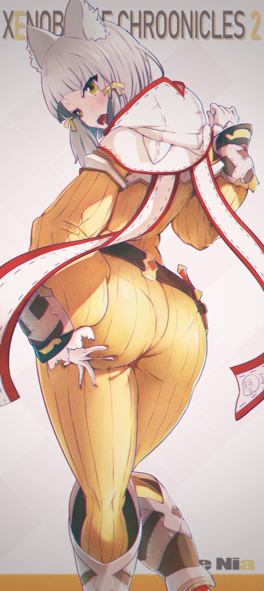 1girls, ass, ass focus, big ass, bodysuit, cat ears, clothed, female, hand on ass, looking back, nia, nia (xenoblade), open mouth, pantylines, solo, tall image, wangchaoran, white hair, xenoblade (series), xenoblade chronicles 2, yellow eyes