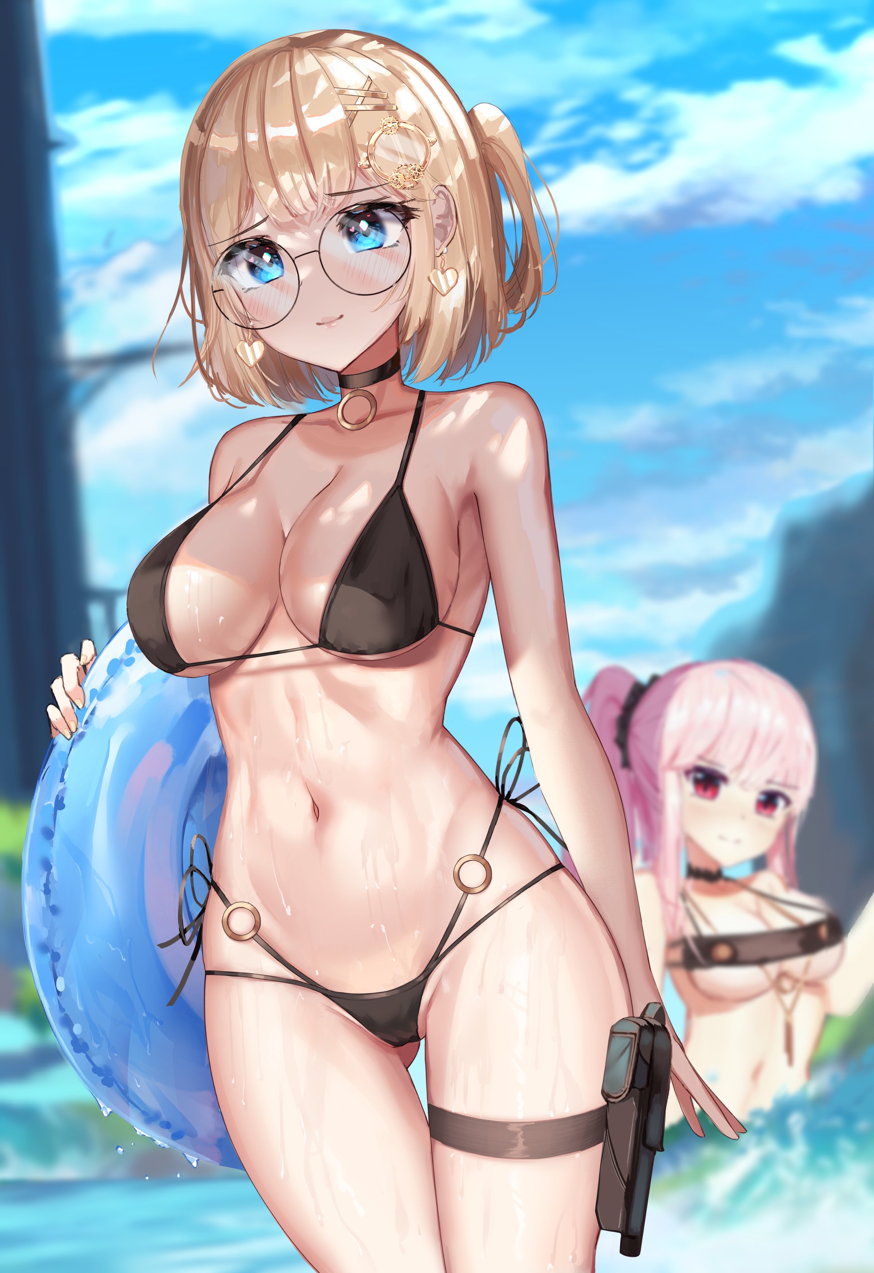 2girls, ass visible through thighs, bangs, bikini, black bikini, black choker, blonde hair, blue eyes, blurry background, blush, breasts, choker, clothing, collarbone, day, dayshiart, earrings, eyebrows visible through hair, eyewear, female, female only, firearm, glasses, gun, hair ornament, handgun, heart, heart earrings, hololive, hololive english, hololive myth, holster, human, large breasts, legwear, looking at viewer, monocle, mori calliope, multiple females, multiple girls, navel, outdoors, pale skin, pink eyes, pink hair, pistol, ponytail, round glasses, scrunchie, side ponytail, side-tie bikini, smile, standing, strap gap, swimsuit, swimwear, thigh gap, thighband, virtual youtuber, water, watson amelia, weapon, wet