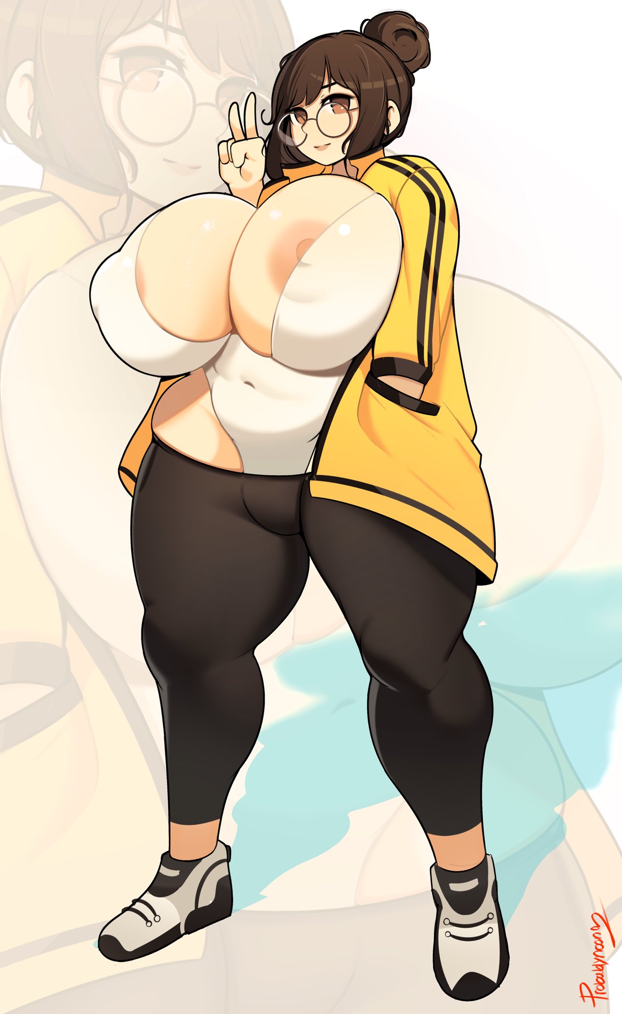 1girls, ass, big ass, big breasts, breasts, brown hair, curvy figure, female, glasses, hair bun, huge breasts, leggings, massive breasts, mei (overwatch), nipples, overwatch, probablynoon, standing, thick thighs, voluptuous, wide hips