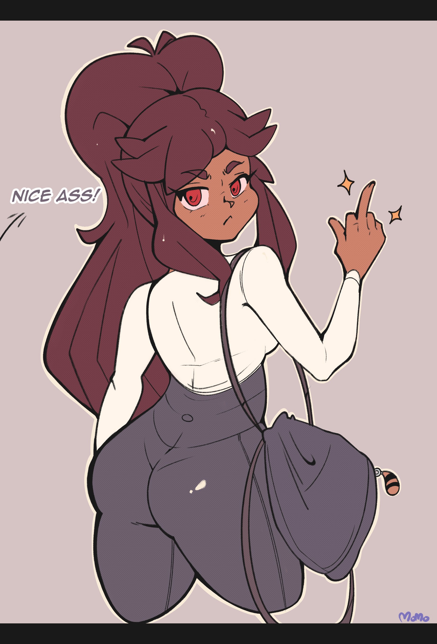 ass, brown hair, brown skin, dialogue, mari (tiaramisstsu), middle finger, tiaramisstsu