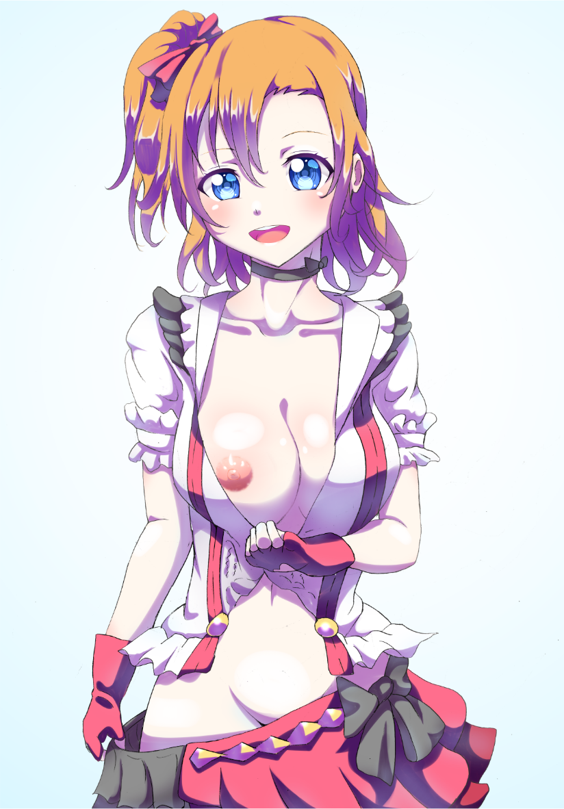 10s areolae blue_eyes bokura_wa_ima_no_naka_de breasts female kousaka_honoka large_breasts looking_at_viewer love_live! love_live!_school_idol_project nipples no_bra no_panties open_mouth orange_hair r2pi side_ponytail standing suspenders thighhighs