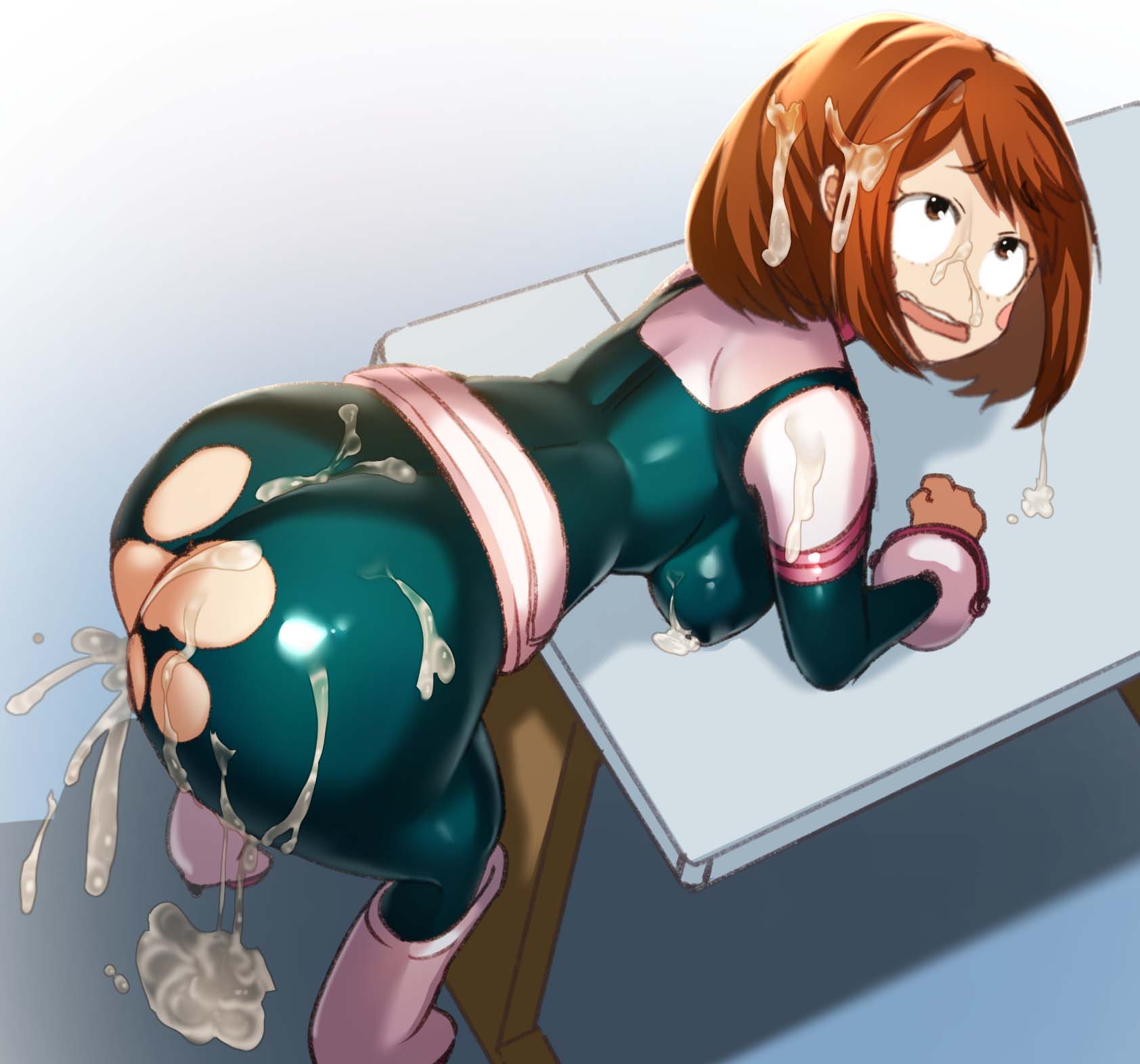 1girls after_sex after_vaginal ass big_ass big_breasts boots breasts brown_eyes brown_hair cum cum_on_ass cum_on_clothes cum_on_face cum_on_hair fat_ass female female_only hero_outfit_(mha) huge_ass izuku_midoriya large_ass leaking leaking_cum midoriya_izuku my_hero_academia ochako_uraraka overflow ripped_clothing shibayamamohu shiny_clothes short_hair solo solo_female solo_focus straight_hair table thick_ass thick_thighs torn_clothes torn_clothing uraraka_ochako voluptuous wide_hips