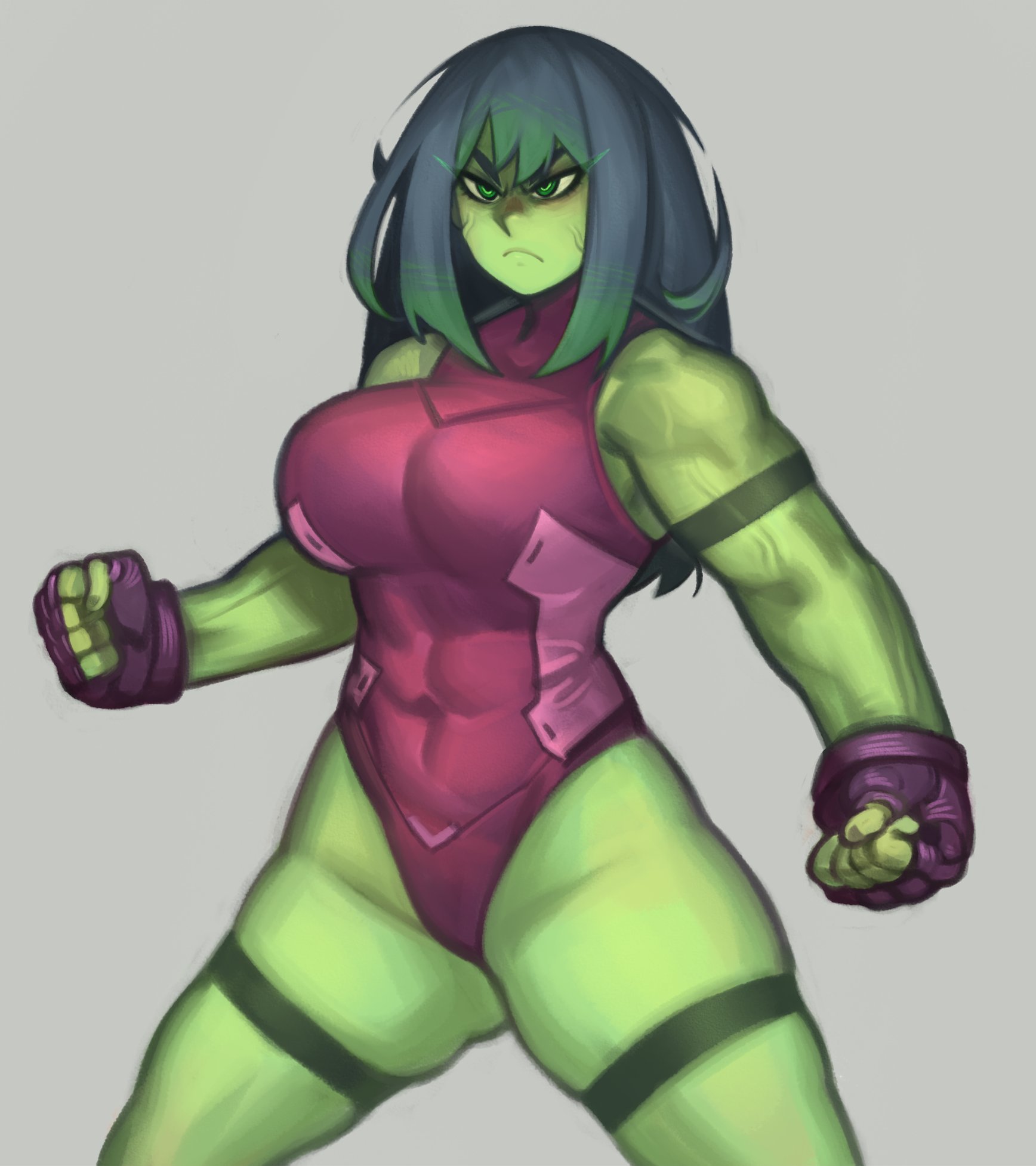 1girls, abs, angry, angry face, armband, big breasts, black hair, breasts, clothed, female, female only, fingerless gloves, gloves, green body, green eyes, green skin, green-skinned female, grey background, hi res, hulk (series), kelvin hiu, legband, leotard, long hair, marvel, marvel comics, muscles, muscular, muscular female, narrowed eyes, pose, she-hulk, simple background, solo, superheroine, thick thighs, thighs, vein, veiny muscles