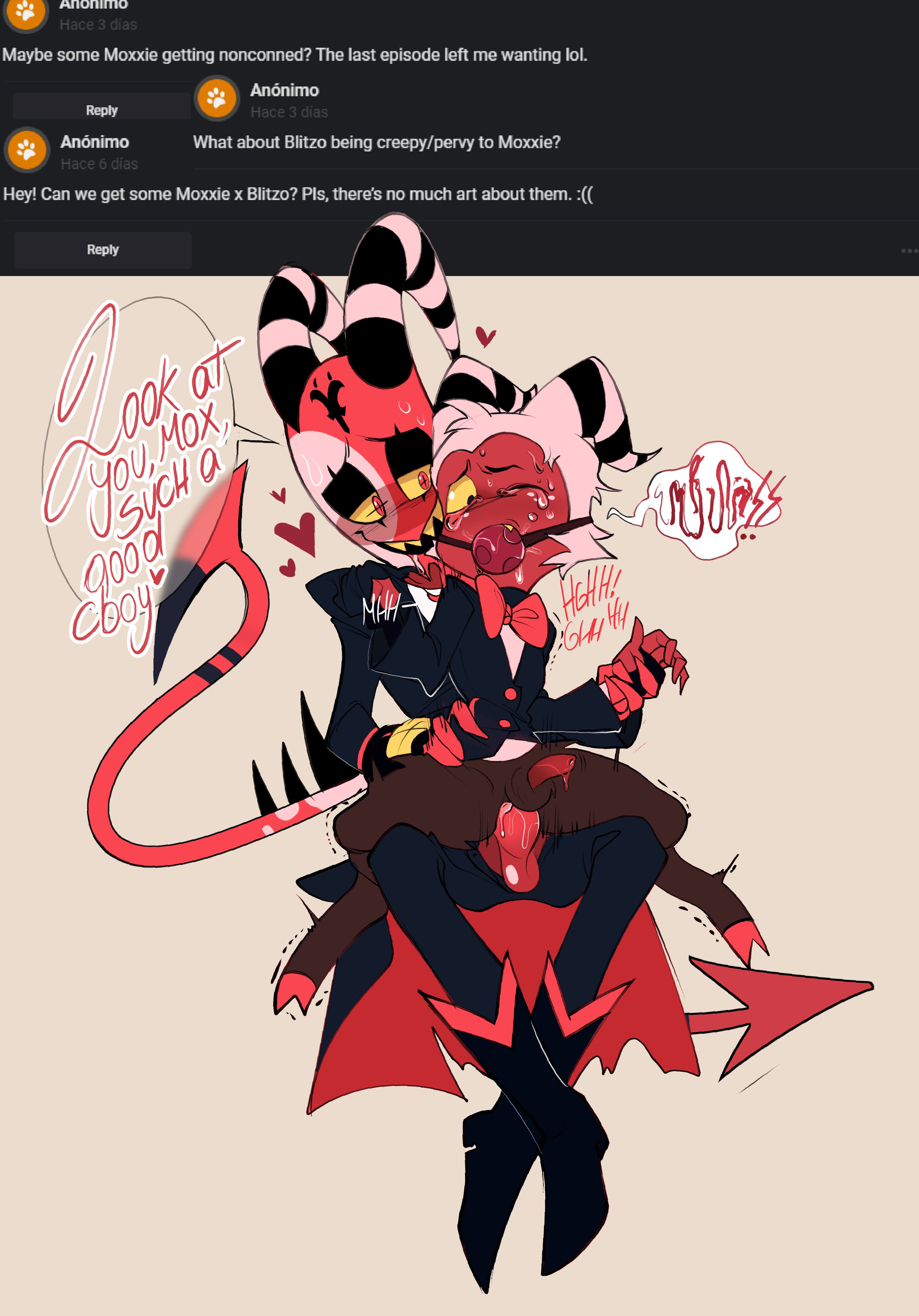 2boys, anal, anal sex, ass, ball gag, balls, blitzo (helluva boss), bloxxie, blush, bodily fluids, boner, bottomless, calaziike, calazotauvu, crossed legs, demon, erect penis, erection, gag, gay, gay male, genitals, hairy balls, hand on hip, hand on shoulder, helluva boss, hooves, horns, imp, looking pleasured, male, male only, mostly clothed, moxxie (helluva boss), one eye closed, penis, red skin, satyr, sharp teeth, sitting on lap, stripes, sweat, tail, thighs, trembling, unzipped, vivienne medrano, white hair, yaoi, yellow eyes