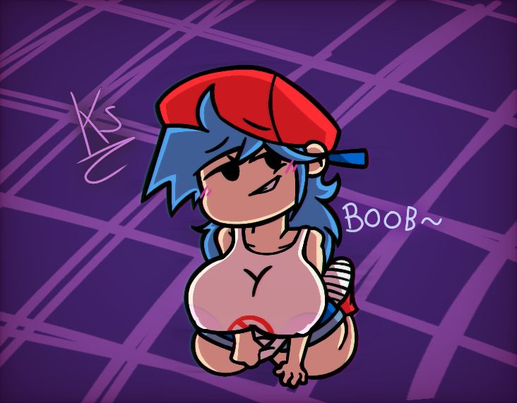 aybenii, big breasts, blue hair, blush, boyfriend (friday night funkin), breasts, busty, clothed, clothed female, clothing, english text, female, female boyfriend (friday night funkin), friday night funkin, hair, human, light skin, light-skinned female, newgrounds, nipples visible through clothing, on knees, rule 63, seductive, smile, solo, solo female, text