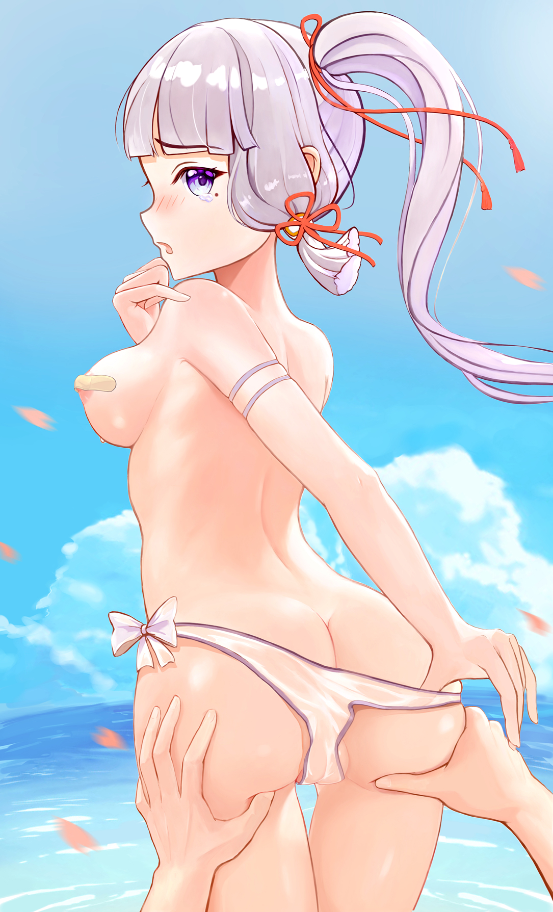 ass, ass crack, ass grab, back, bandaid, bandaids on nipples, bangs, bare shoulders, beach, blue eyes, blue sky, blunt bangs, bow, bow panties, breasts, butt crack, covered nipples, female, genshin impact, groping, hair ribbon, highres, kamisato ayaka, looking at viewer, looking back, medium breasts, mole, mole under eye, ocean, open mouth, panties, pasties, ponytail, pov, red ribbon, ribbon, sideboob, sky, solo focus, swimsuit, tears, topless, triangle lee, underwear, white hair, white panties