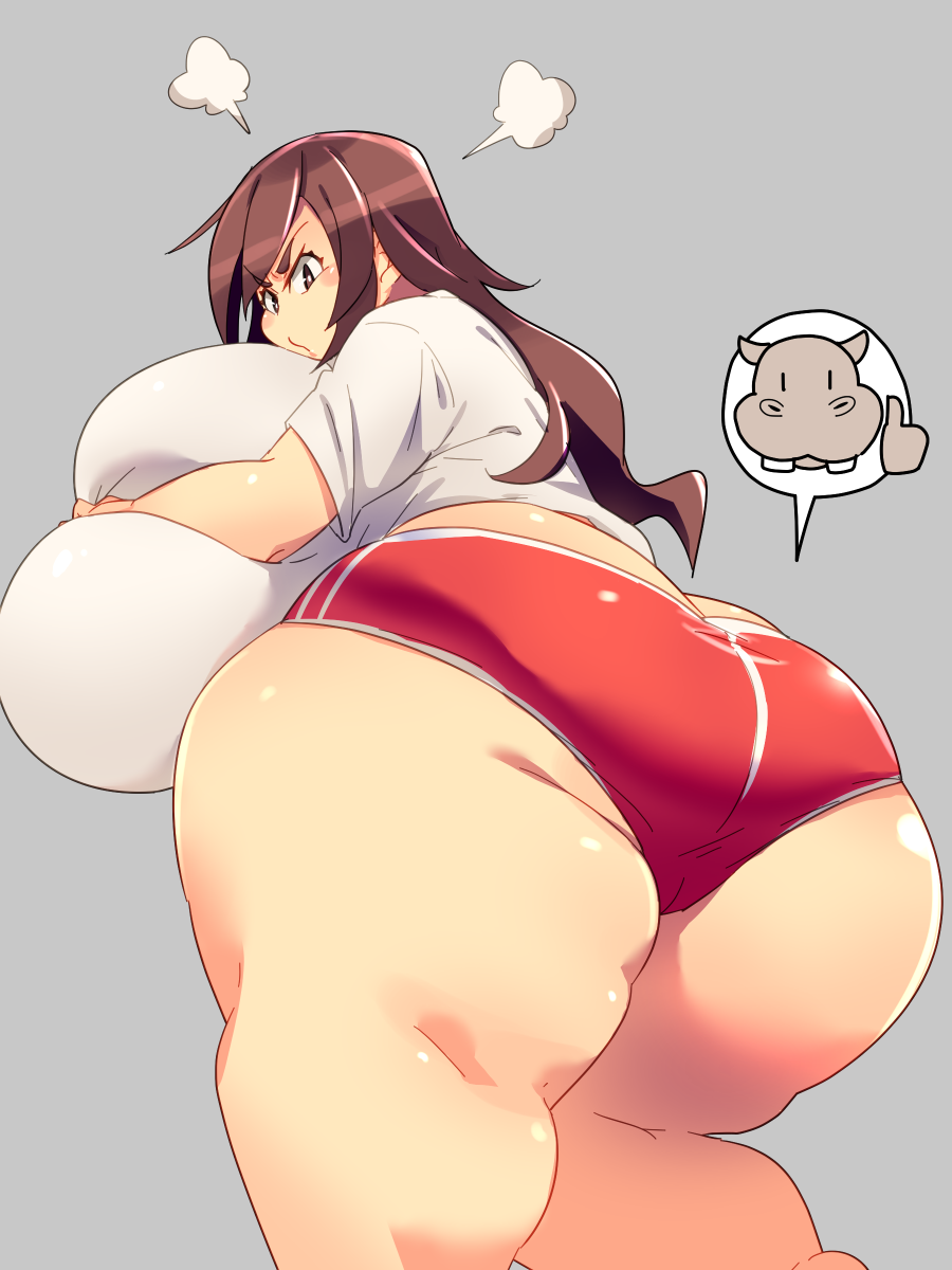 ass bbw big_ass big_breasts breasts brown_hair chubby chubby_female fat female female_focus hips holding_breast holding_own_breast huge_ass huge_breasts large_ass large_breasts overweight overweight_female short_shorts shorts solo solo_female speech_bubble squarewave thick_thighs thighs wide_hips