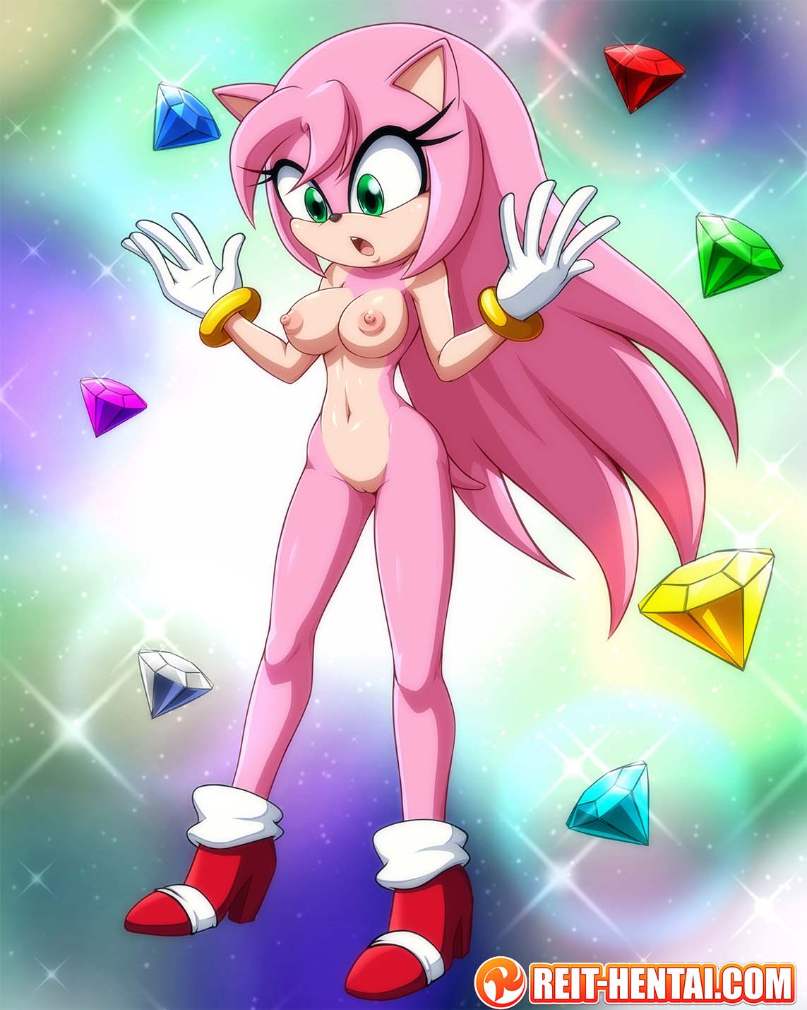 aged up, chaos emerald, female, furry, green eyes, nude, pink fur, pink hair, reit, rule 63, sonic (series), sonic the hedgehog, tagme, watermark