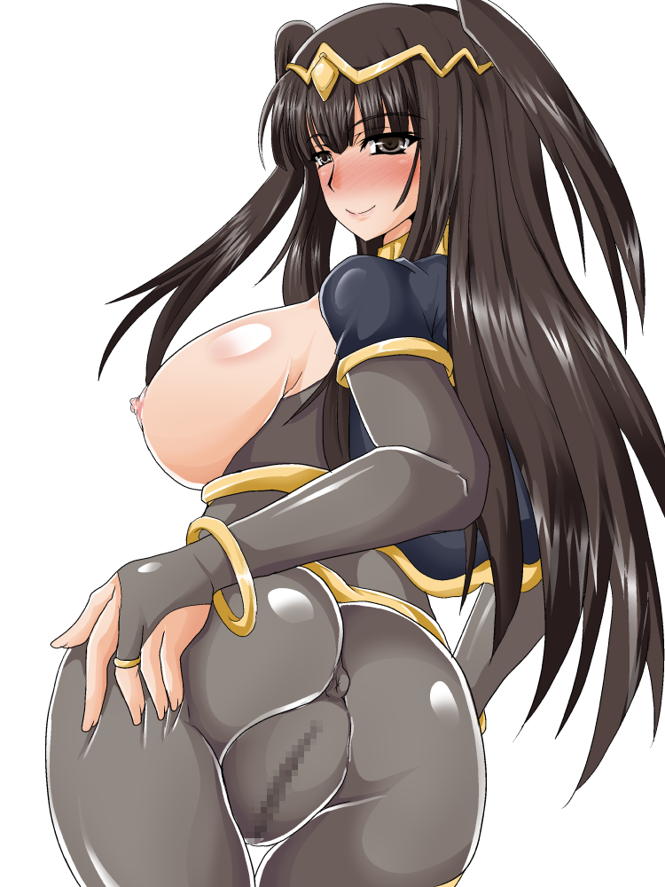 1girls anus ass back_view black_eyes black_hair blush bodystocking censored fire_emblem fire_emblem_awakening grabbing_own_ass heavy_blush hige_masamune large_ass large_breasts long_hair looking_at_viewer looking_back nintendo pussy see-through smile solo solo_female tharja_(fire_emblem) transparent_background