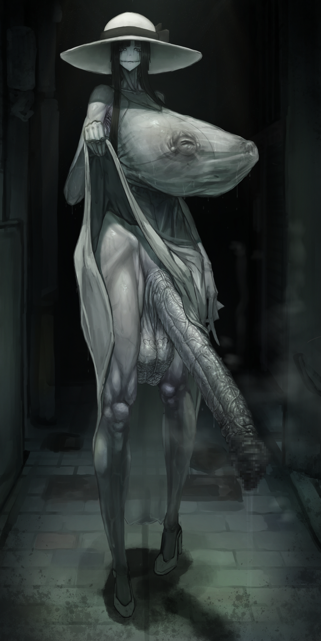 1futa, balls, black hair, breasts, canvassolaris, censored, creepypasta, dickgirl, dress, dress lift, foreskin, futanari, hasshaku-sama, heels, huge balls, huge breasts, huge cock, huge nipples, huge penis, huge testicles, hyper penis, intersex, japanese mythology, long penis, monster, nipple piercing, nipples, pale skin, penis, piercing, see-through, solo, solo futa, tattoo, testicles, uncircumcised, uncut, veiny balls, veiny penis, veiny testicles