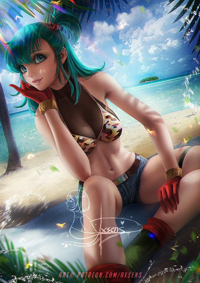 1girls, absurd res, aqua eyes, aqua hair, axsens, beach, bikini, bikini top, blue eyes, blue hair, boots, booty shorts, breasts, bulma, bulma briefs, camouflage bikini, cleavage, clothed, clothing, denim shorts, dragon ball, dragon ball (classic), female, gloves, legs, light skin, light-skinned female, lipstick, medium breasts, pose, realistic, sheer, short shorts, shorts, shounen jump, side ponytail, smile, tagme, teal hair, teenage bulma, teenage female, teenager