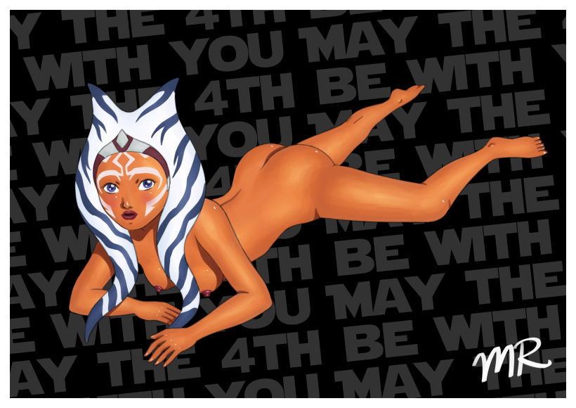 1girls ahsoka_tano ass big_ass blue_eyes breasts cleavage english_text female_focus female_only looking_at_viewer maruse_rino medium_breasts nipples pose solo star_wars star_wars_rebels text watermark