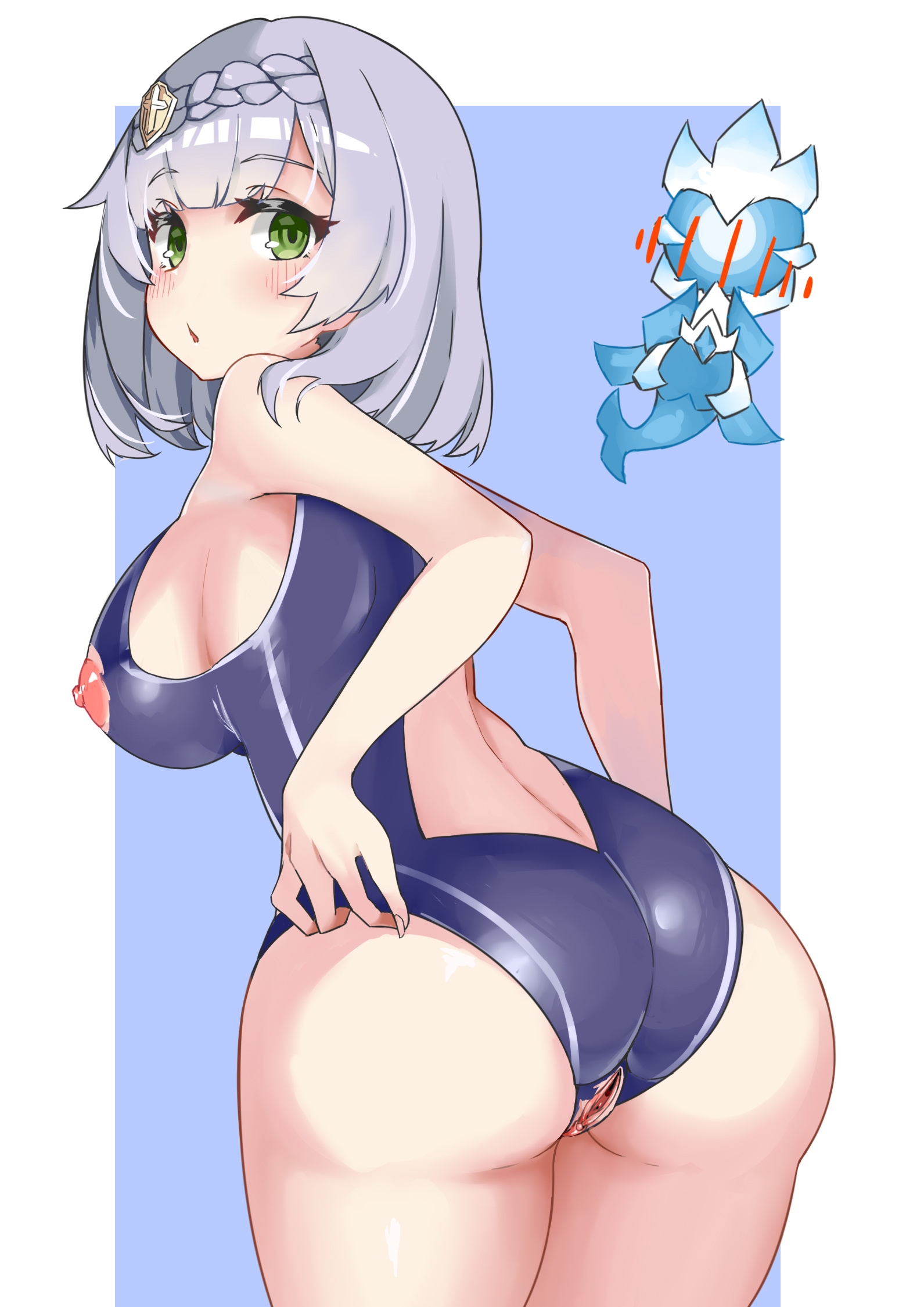 1girls, 2d, artist request, ass, breasts, clitoris, eyelashes, female, genshin impact, green eyes, looking back, nipples, noelle (genshin impact), one-piece swimsuit, pussy, swimwear, white hair