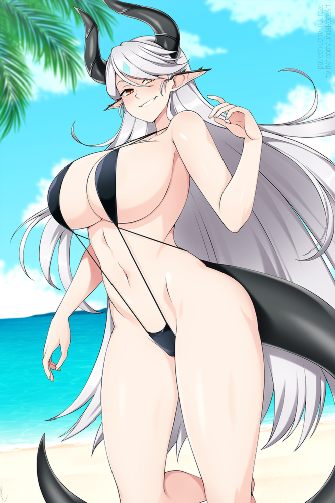 alternate version available, beach, big breasts, breasts, cleavage, dragon girl, dragon tail, epic7, female, female warrior, horns, huge breasts, lindaroze, long hair, luna (epic7), micro bikini, outdoors, red eyes, sling bikini, smile, smirk, solo, thong, white hair