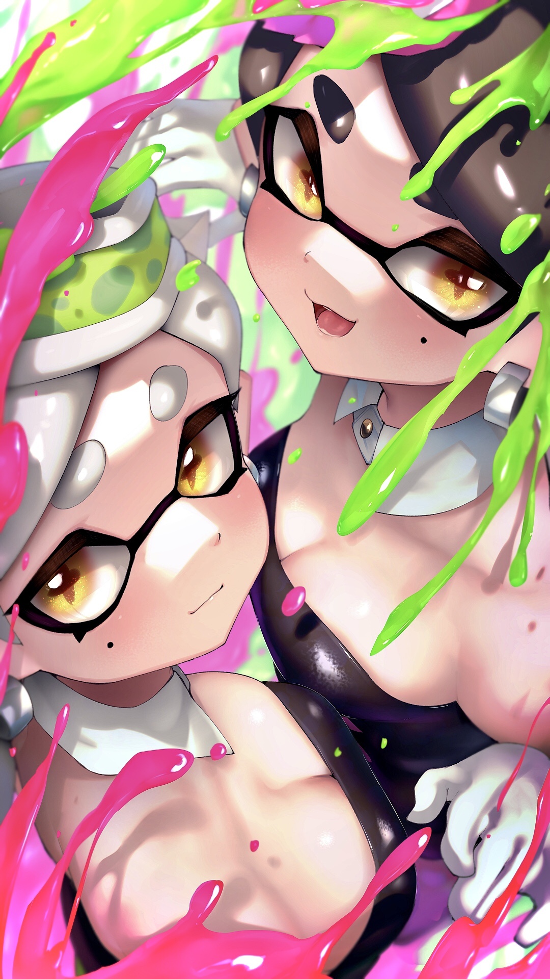 2girls, black hair, blush, breasts, callie (splatoon), cleavage, clothing, collar only, earrings, female, female only, gloves, happy, hizake, ink, inkling, kashu (hizake), large breasts, light skin, light-skinned female, looking at viewer, marie (splatoon), mole, mole under eye, nintendo, pale skin, pale-skinned female, smile, smooth skin, splatoon, squid sisters, white hair, yellow eyes